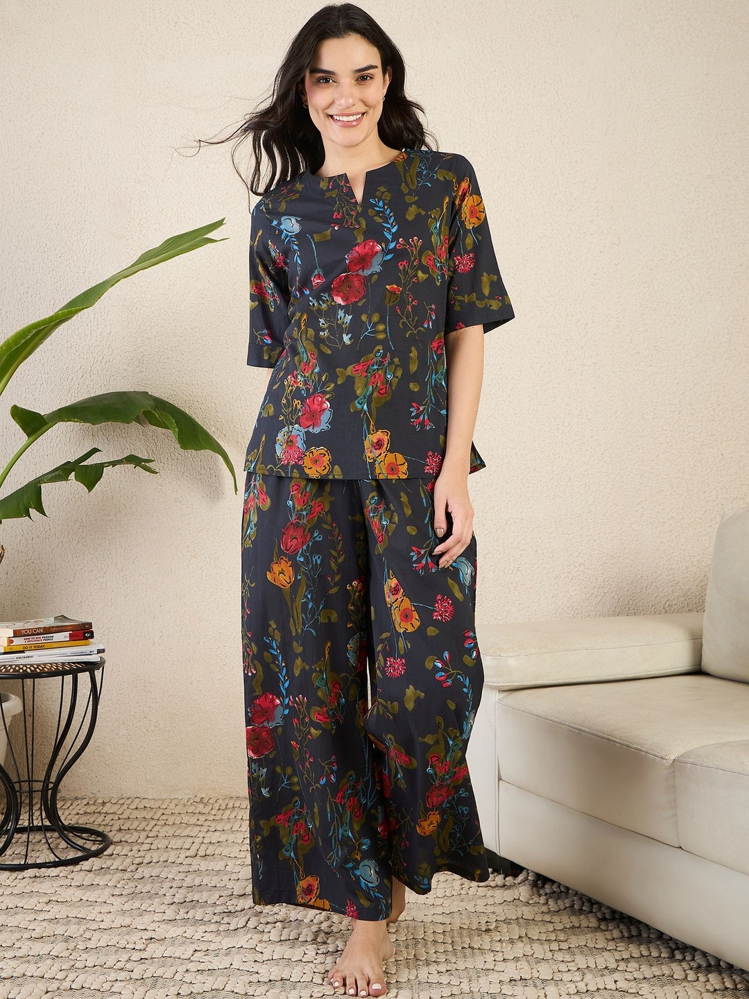 July Women V-Neck Floral Printed Long Kurti Set Night suit