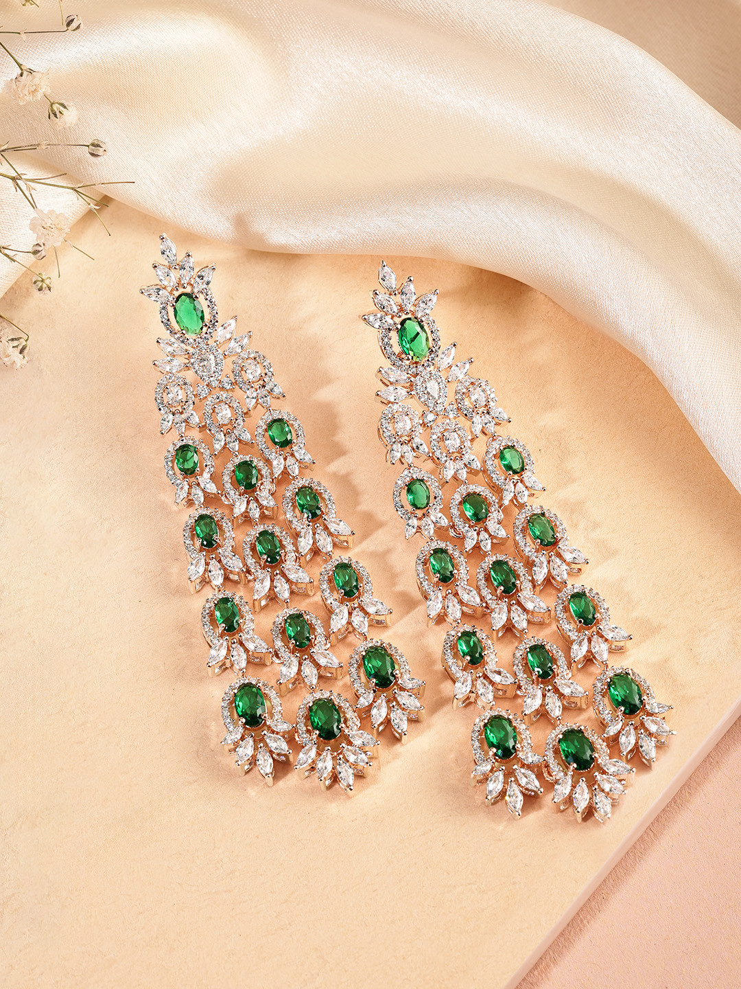 Peora Rose Gold Plated CZ & Crystal Studded Floral Drop Dangle Earrings
