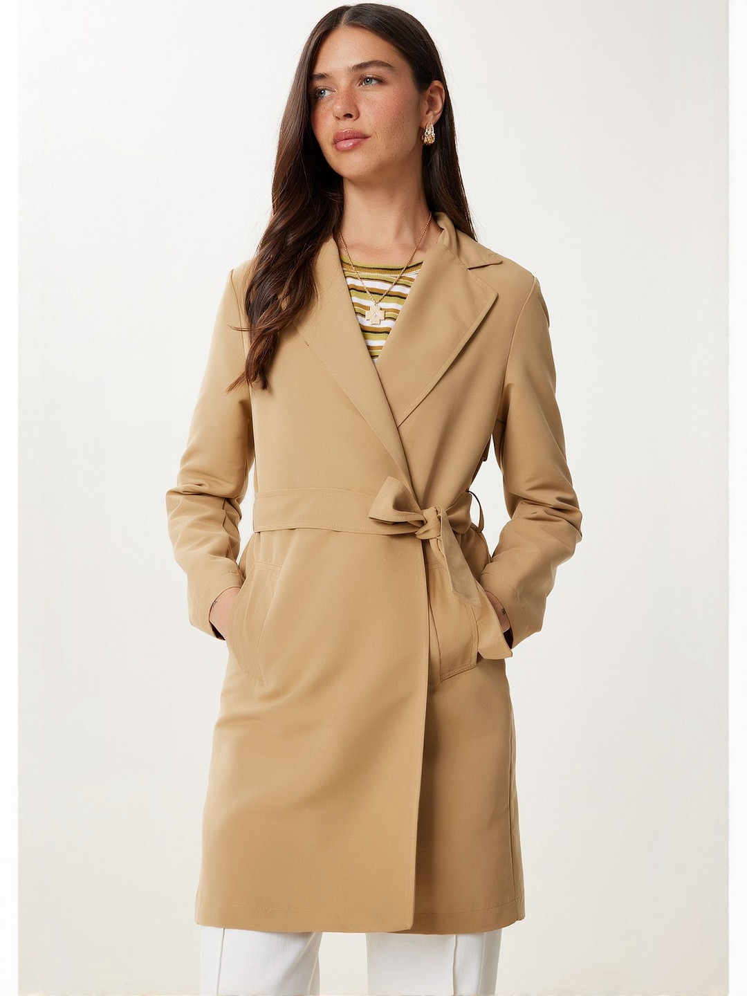Happiness istanbul Women Open Front Notched Collar Tie-Up Overcoat