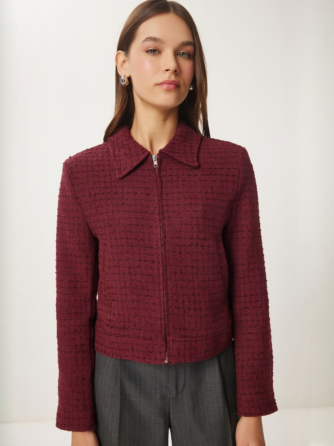 Happiness istanbul Spread Collar Long Sleeves Tailored Jacket With Zip Detail