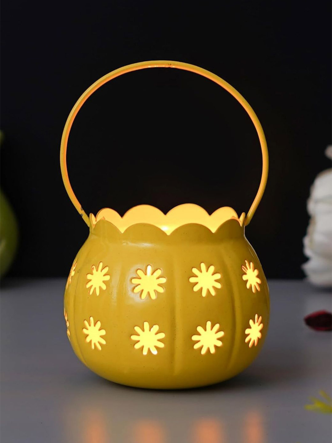 eCraftIndia Yellow Cup Lantern Metal T-Light Candle Holder