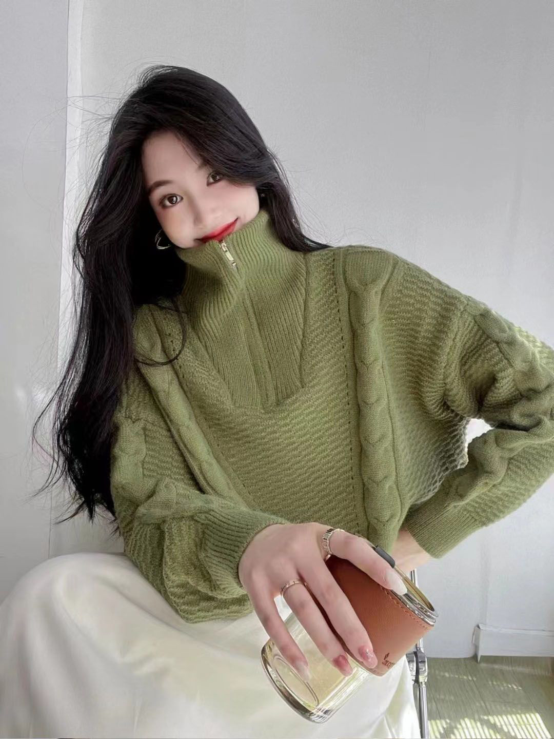 StyleCast Women Cable Knit Mock Collared Long Sleeves Half Zipped Pullover Sweater