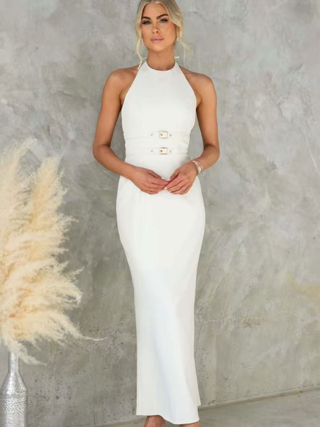 LULU & SKY Women Halter Neck Sheath Maxi Dress With Belted Details