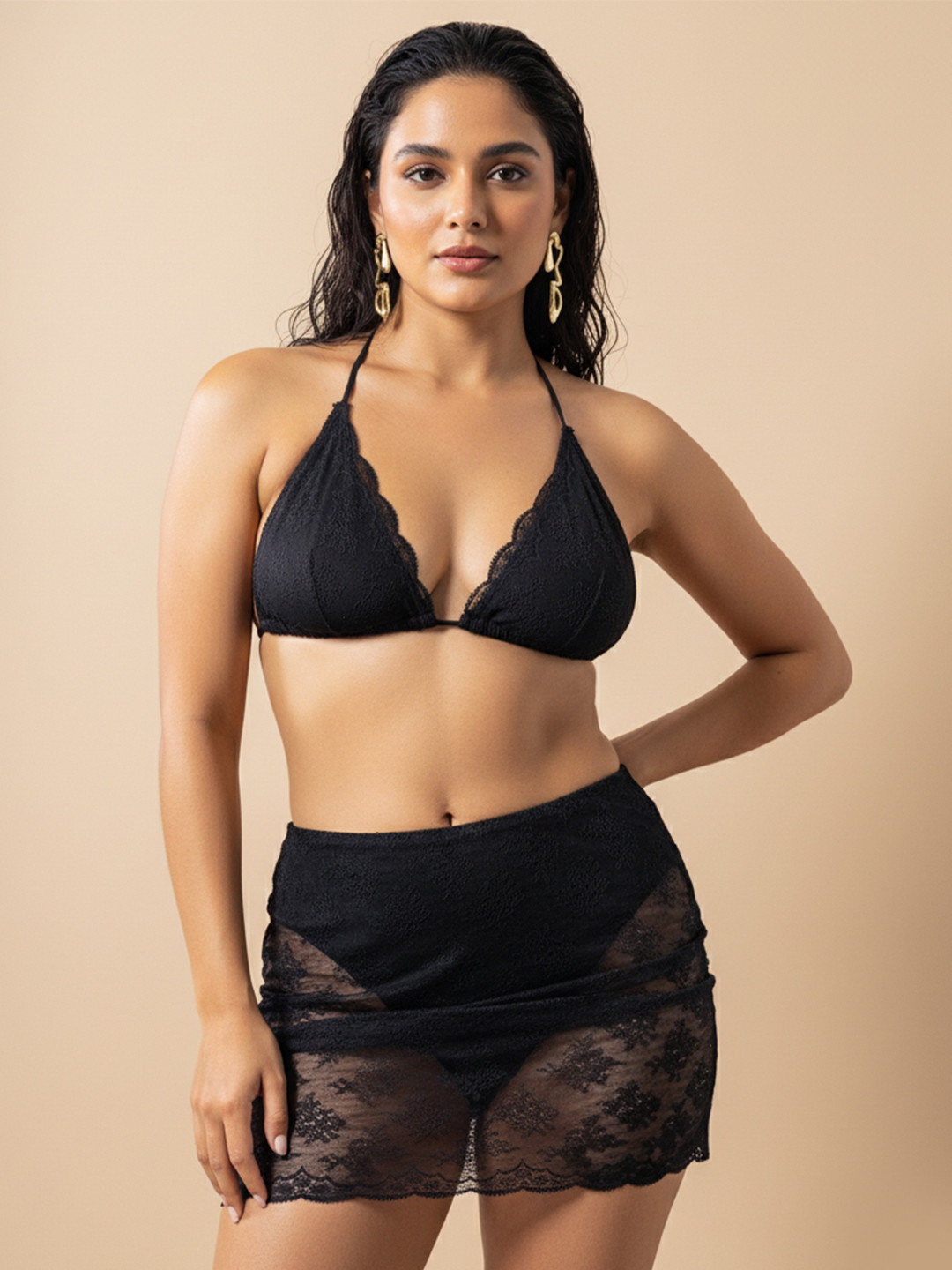 Aoba Women Black Lace Swim Bikini Set