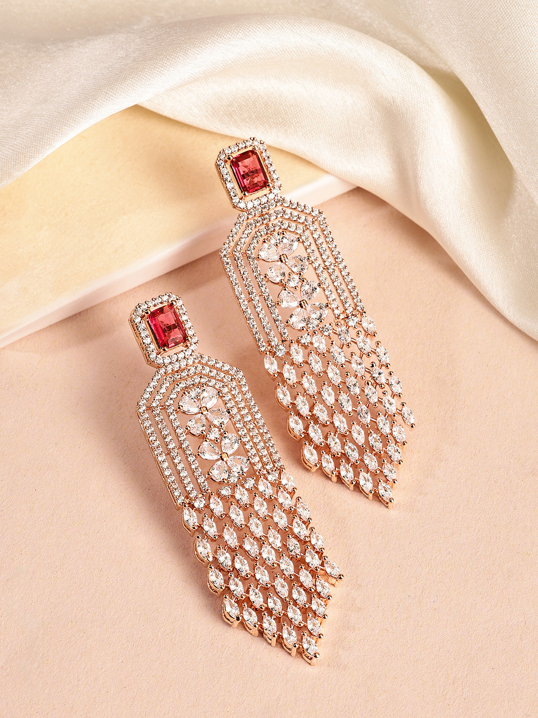 Peora Rose Gold-Plated Square Crystal-Studded Drop Earrings
