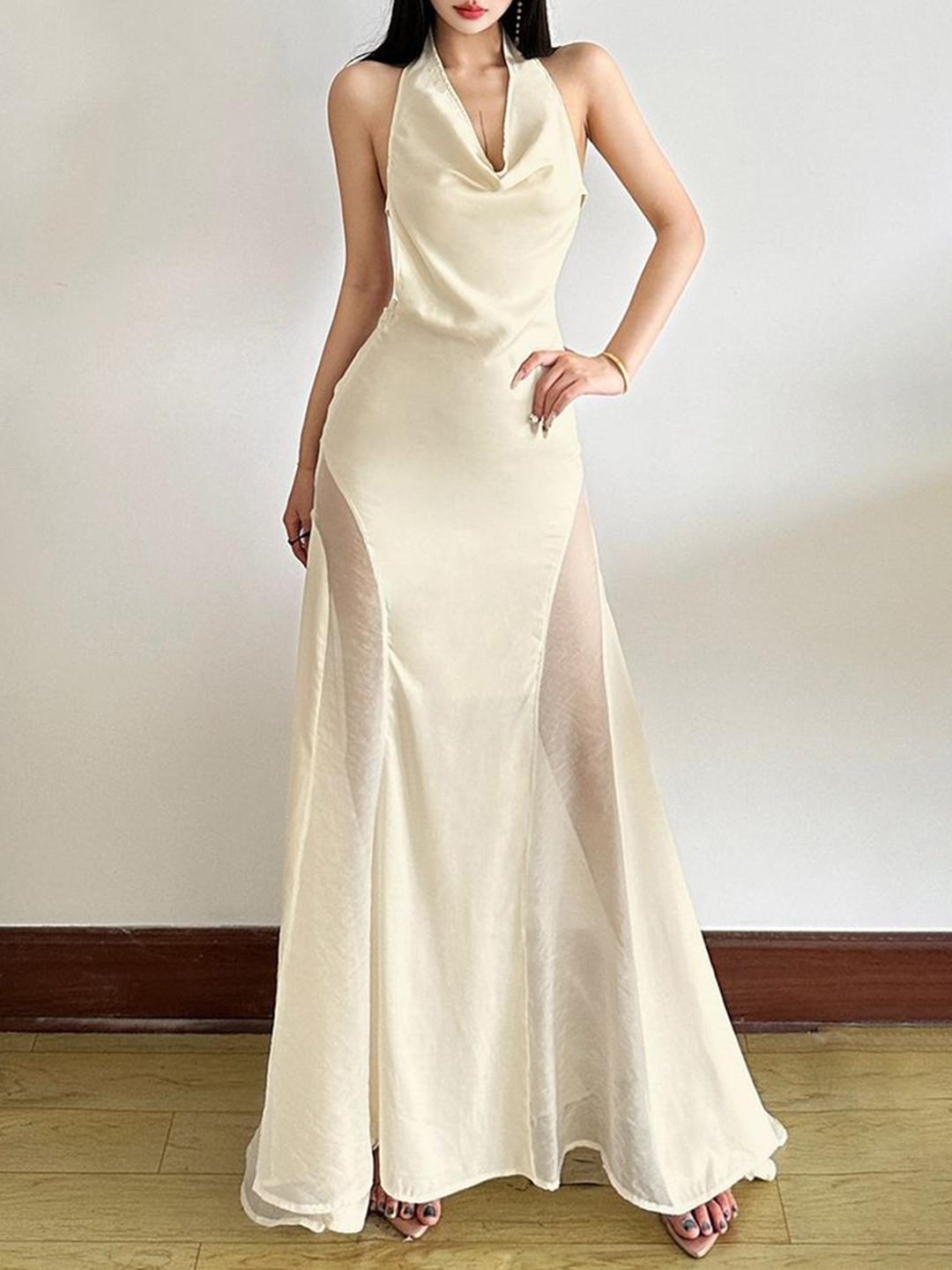 LULU & SKY Cowl Neck Halter Semi Sheer Fit & Flare Maxi Dress