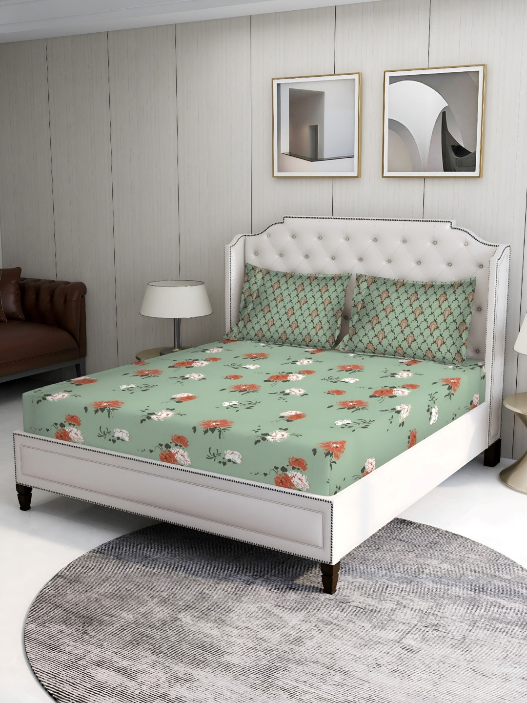 BOMBAY DYEING Green Printed Cotton 100 TC Double Bedsheet & 2 Pillow Covers 88 in x 96 in