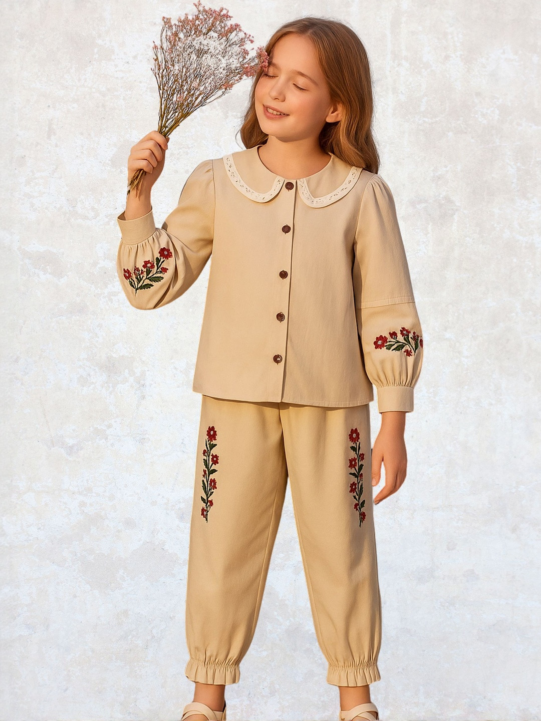 Le Nino Girls Embroidered Peter Pan Collar Pure Cotton Shirt With Jogger