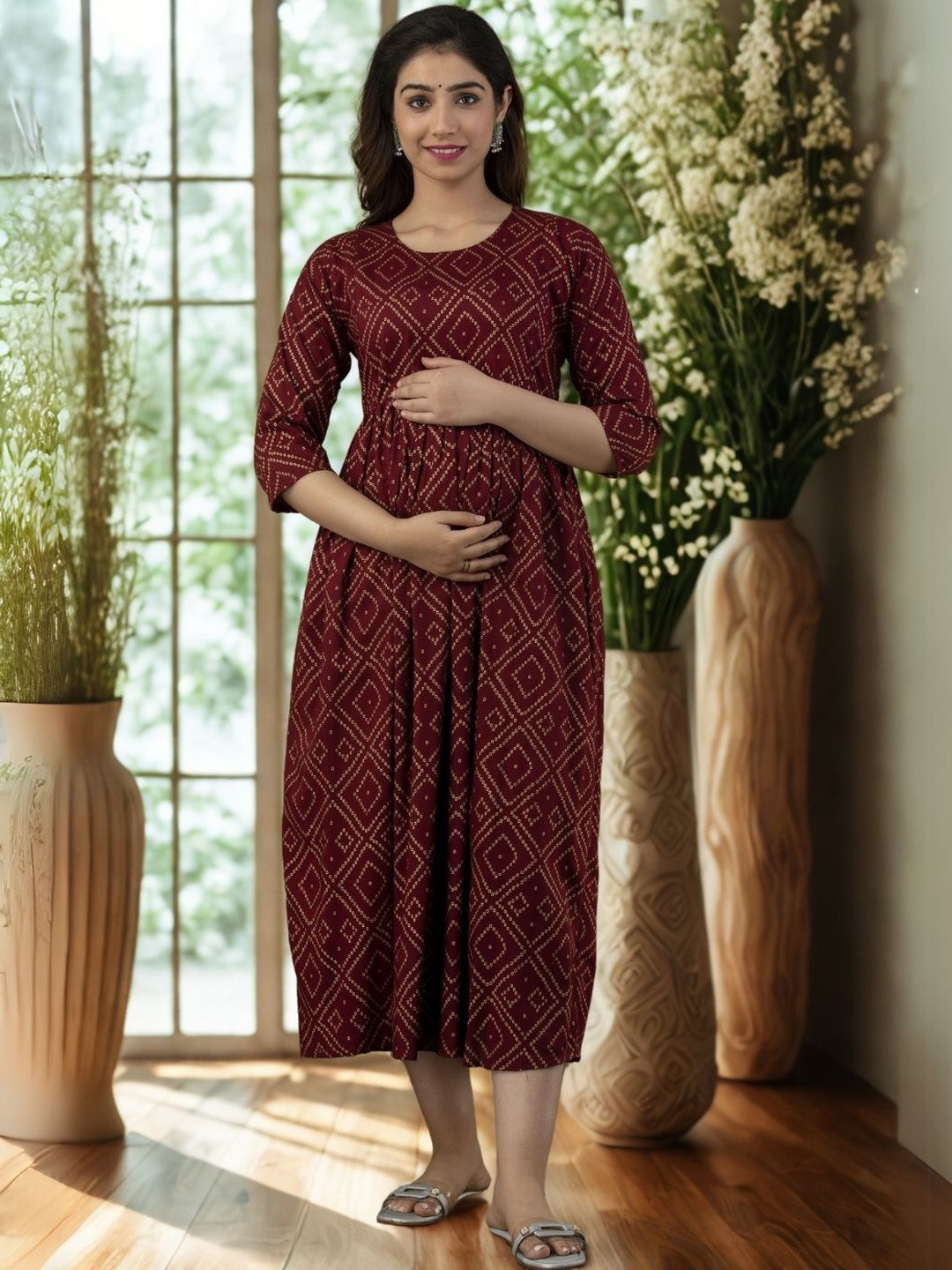 Vaidiki Women Printed Fit & Flared Midi Maternity Ethnic Dresses