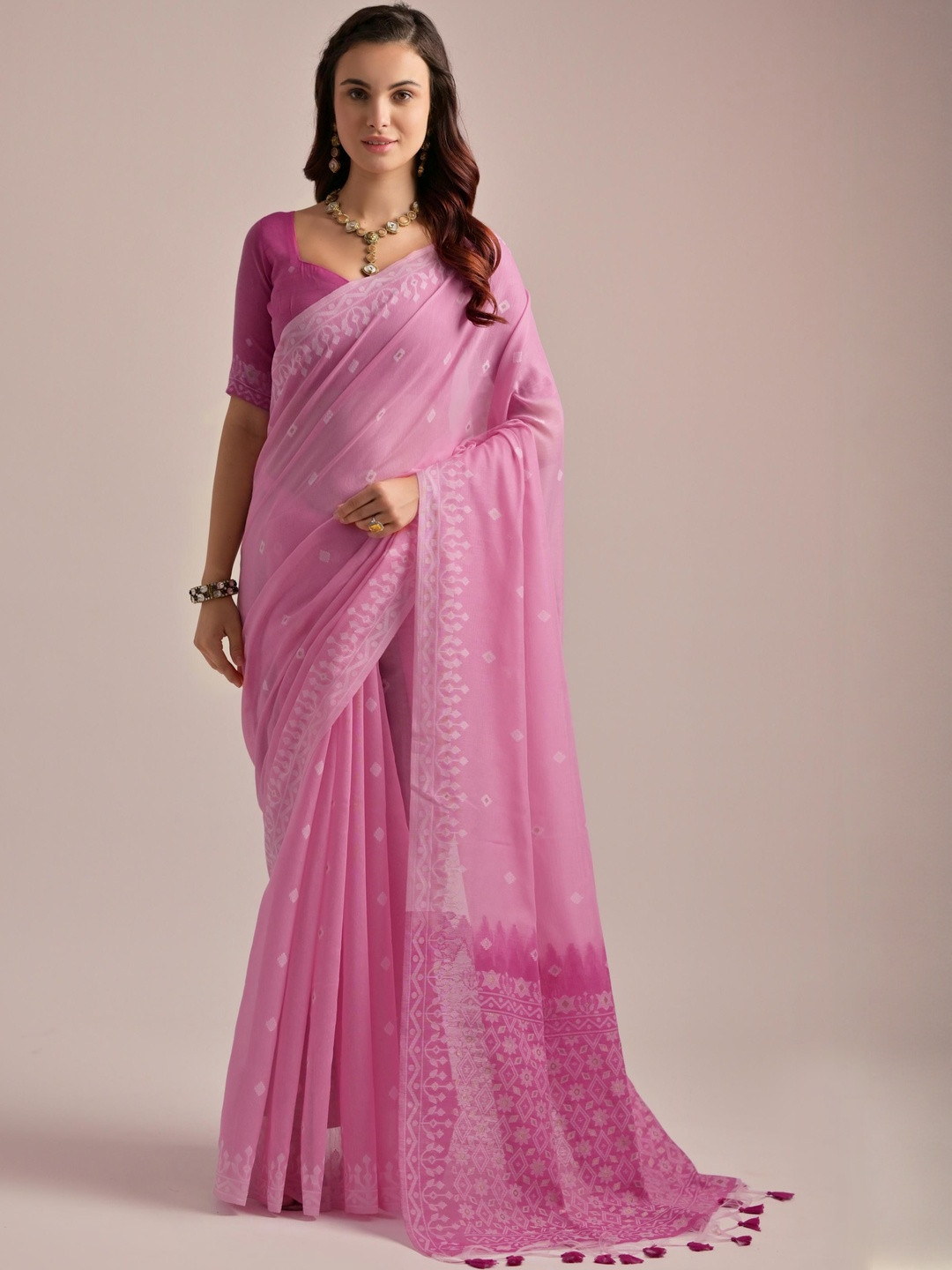 Peach Petals Ethnic Motifs Printed Muga Saree With Resham Weaving Pallu and Border