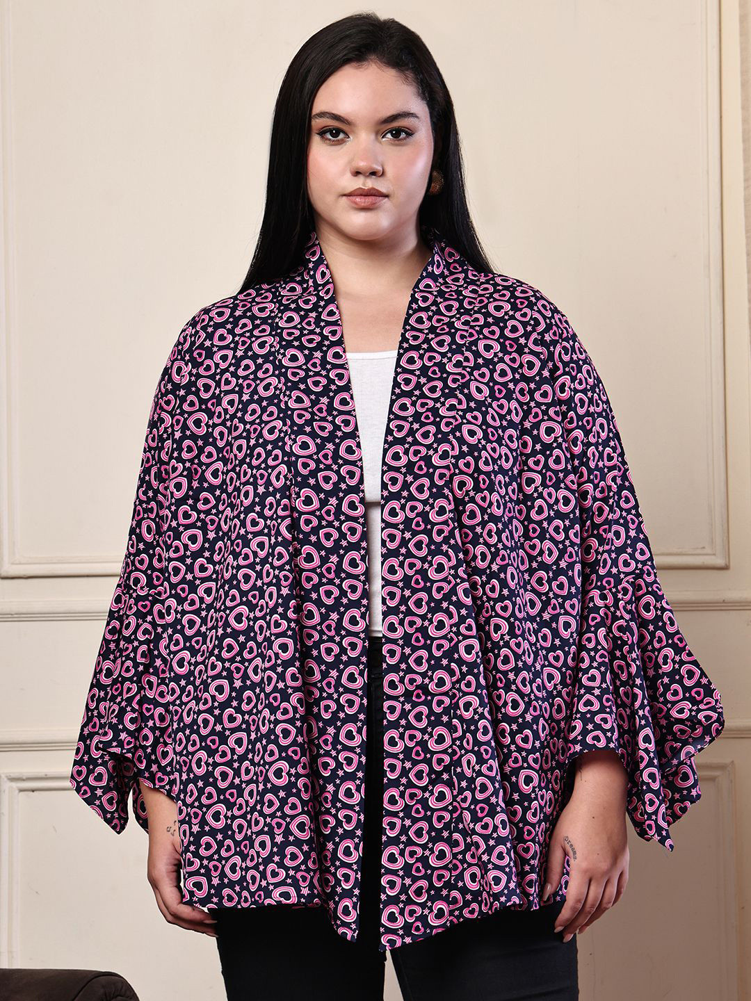 theRebelinme Heart Printed V-Neck Open Front Asymmetric Long Sleeves Shrug