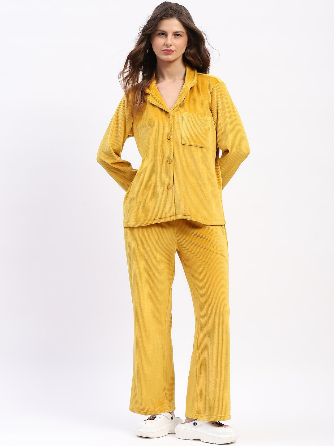 Global Republic Women Striped Velvet Suede Spread Collar Shirt and Pyjamas Night suit