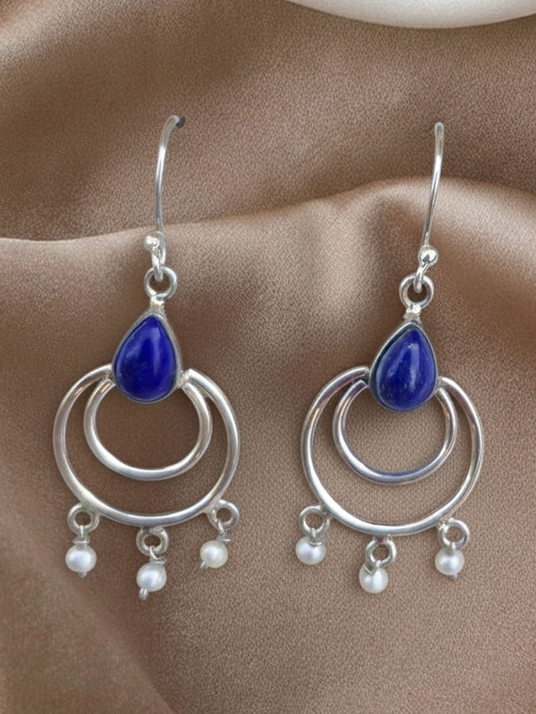 FUSIONARI 925 Sterling Silver Lapis Lazuli Studded Geometric Drop Earrings
