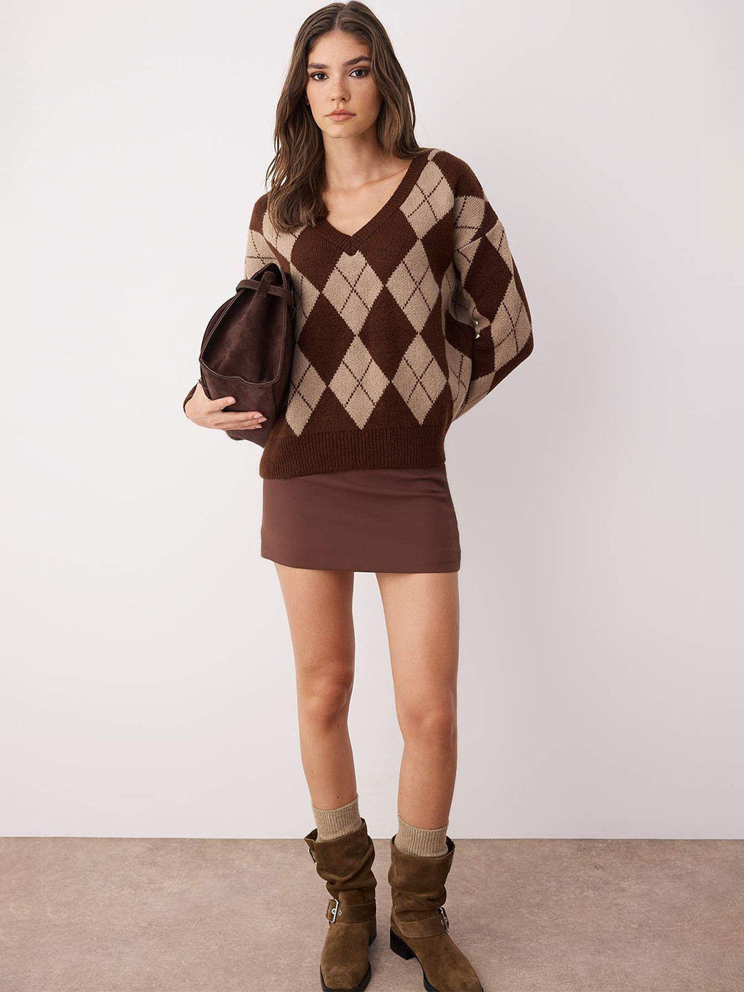Trendyol Women Argyle V-Neck Drop-Shoulder Sleeves Pullover
