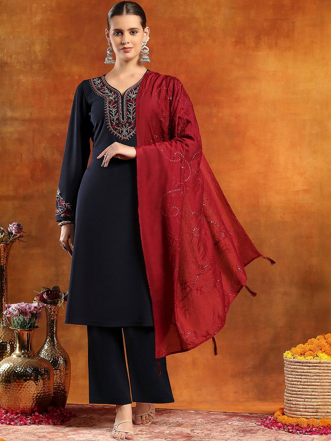 Nayam By Lakshita Women Ethnic Motifs Embroidered Regular Thread Work Kurta with Trousers & With Dupatta