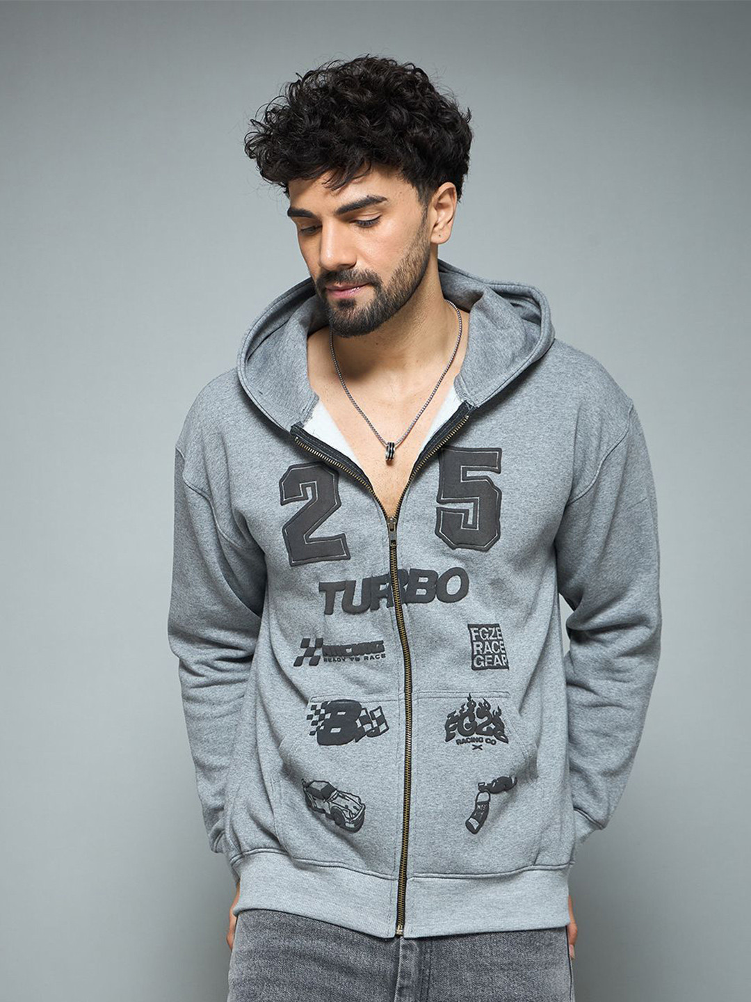 FUGAZEE Men Anthra Racing Printed Hooded Sweatshirt