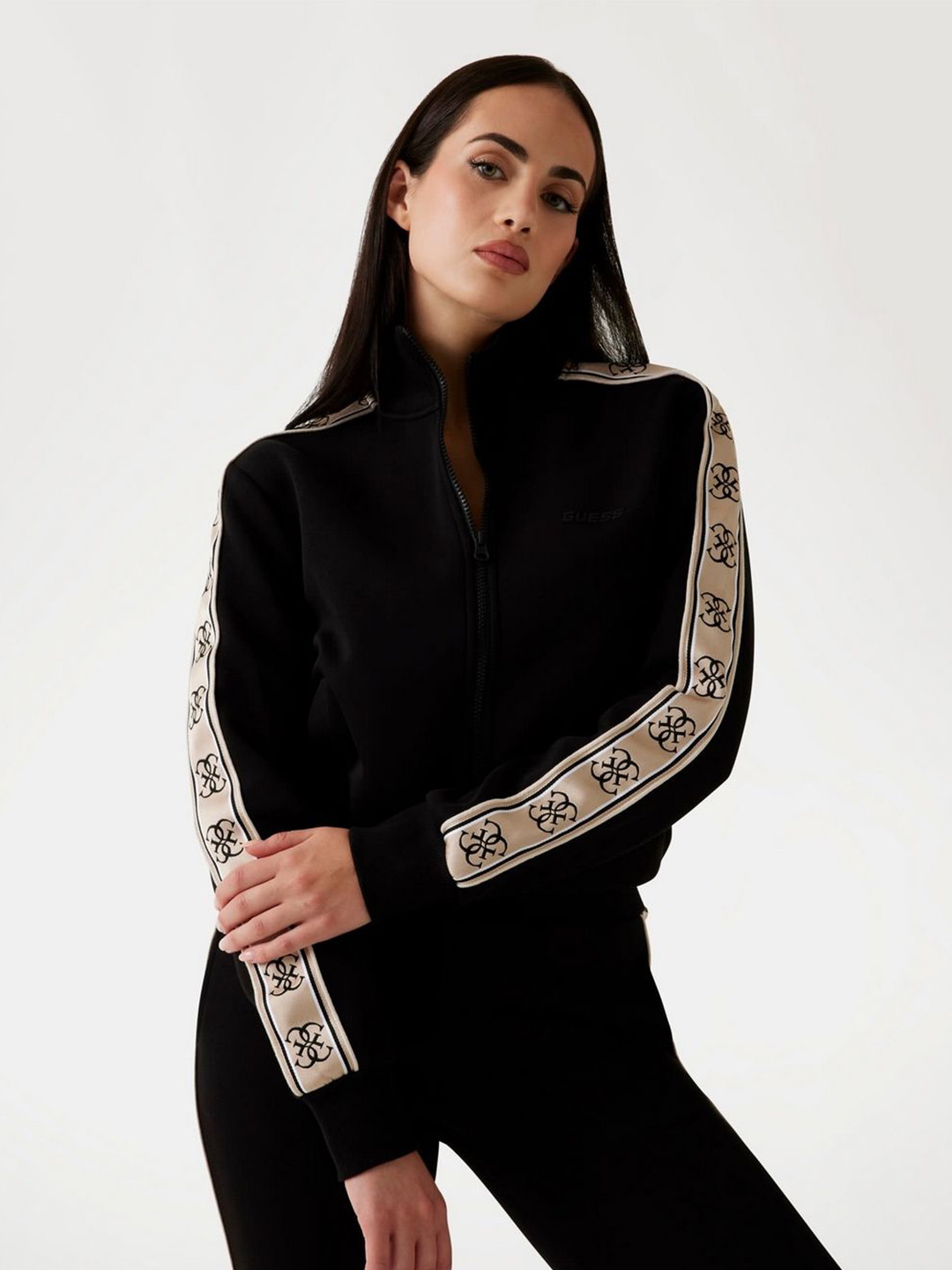 GUESS Women Solid High Neck Full Sleeves Zipped Sweatshirt