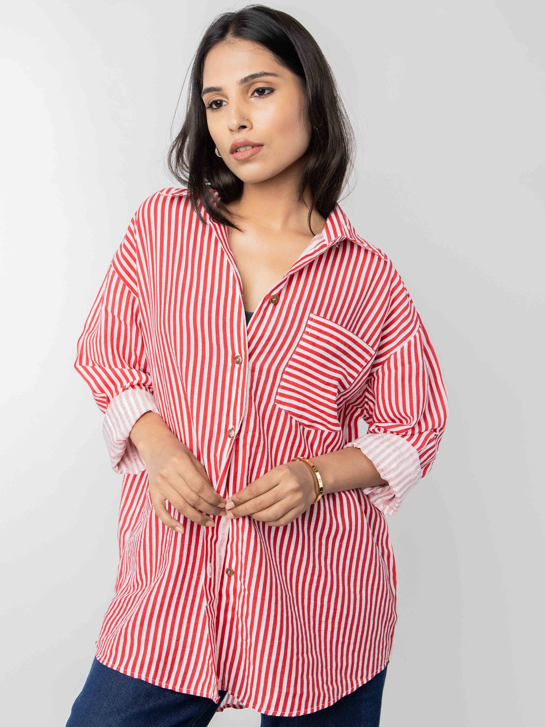 PRET PITAARA Striped Roll-Up Sleeves Cotton Top
