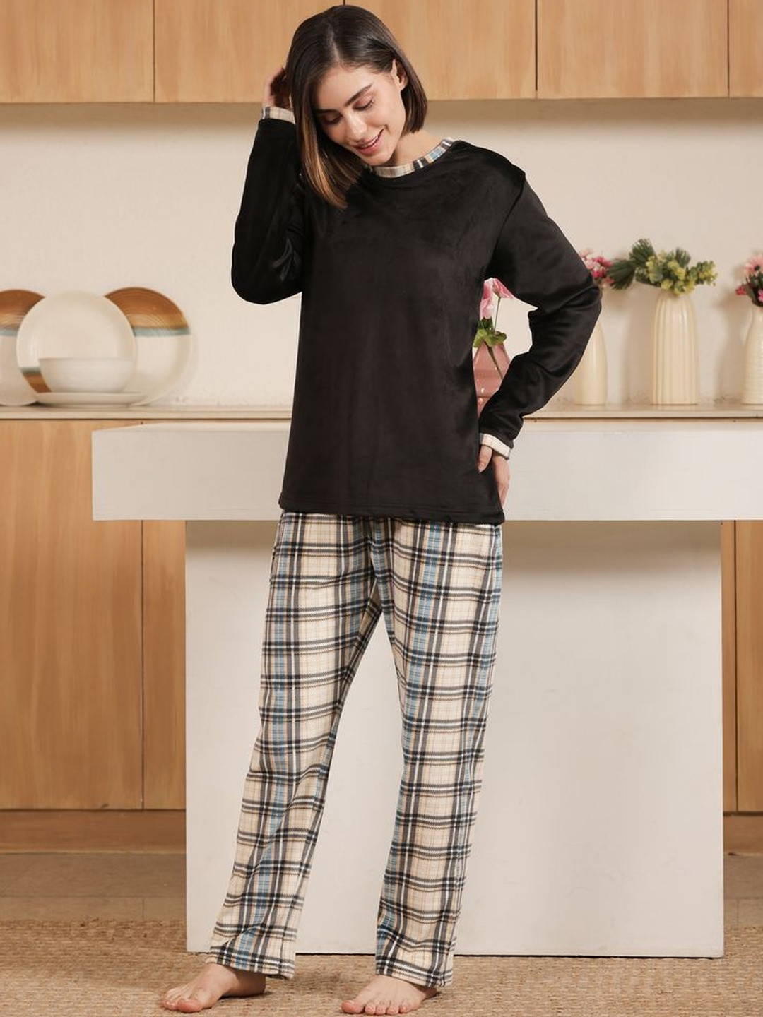 KIZA Women Black Solid Velvet Lace Trim Round Neck Top & Checked Pyjamas Night Suit