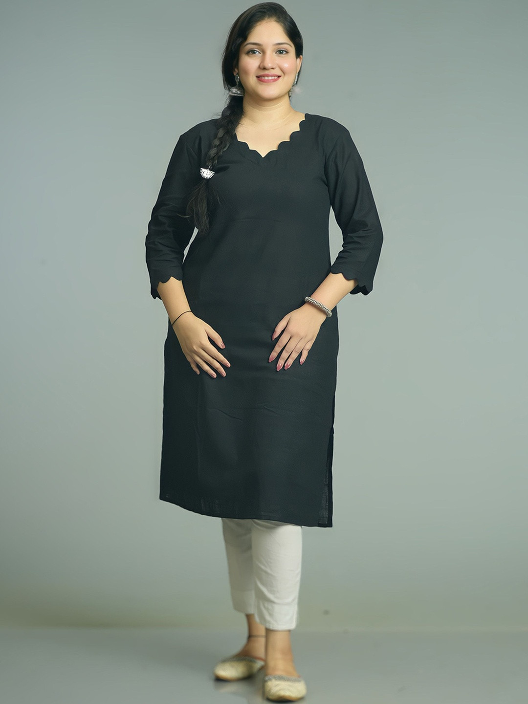 STREE BASICS Pure Cotton V-Neck Straight Kurta
