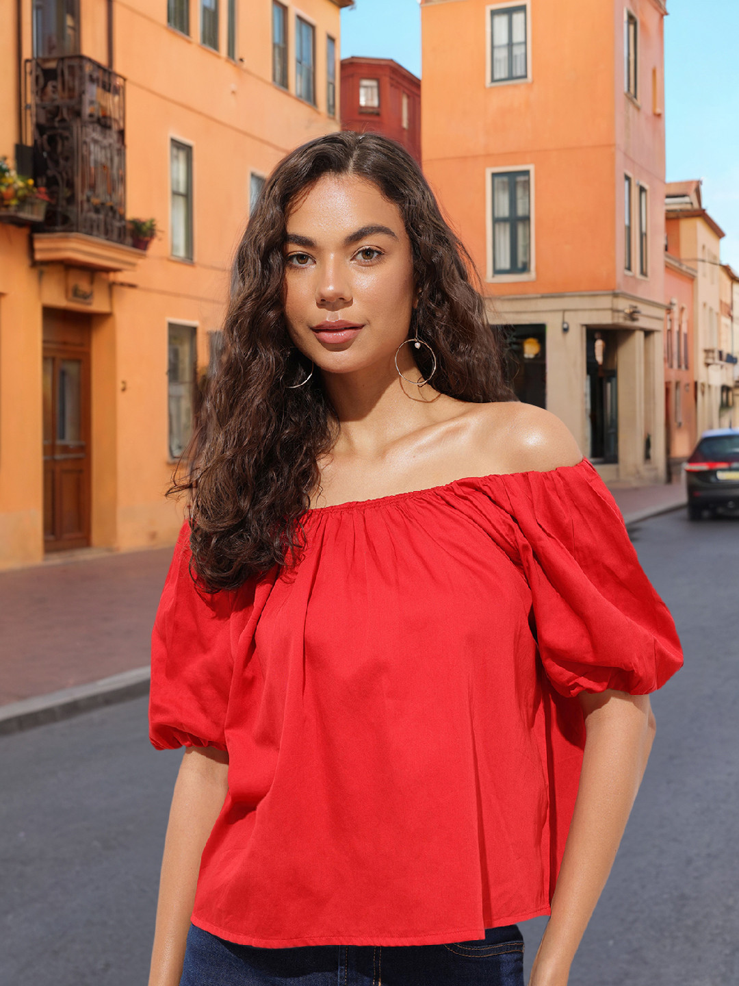 Off-shoulder Solid Puff Sleeves Top