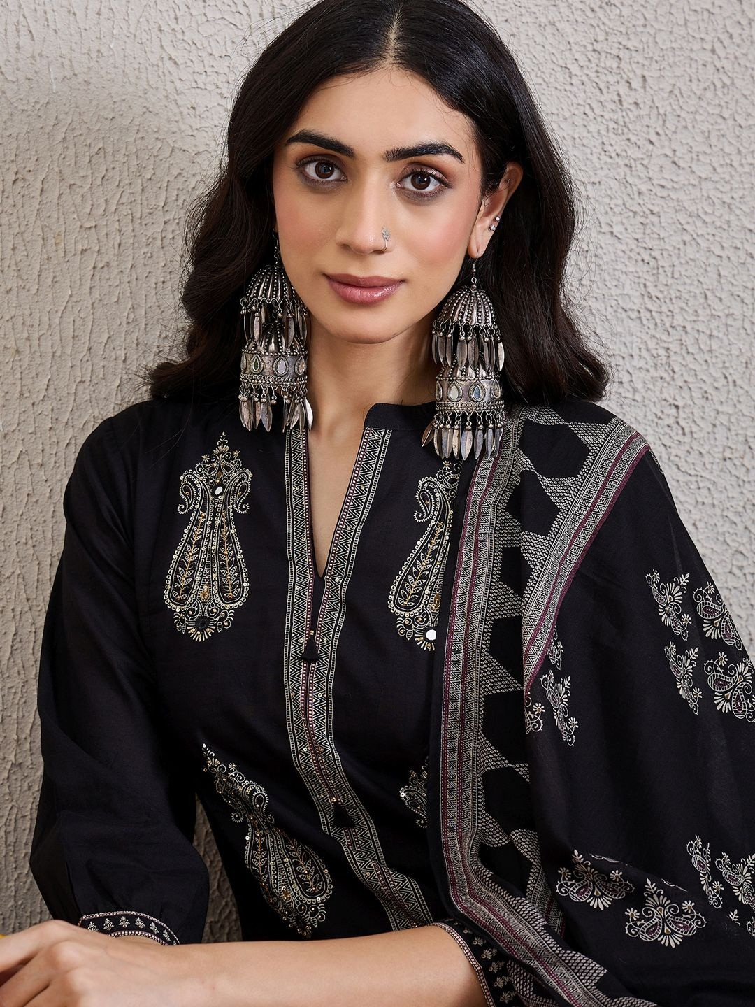 Indo Era Women Ethnic Motifs Embroidered Cotton Kurta with Trousers & Dupatta