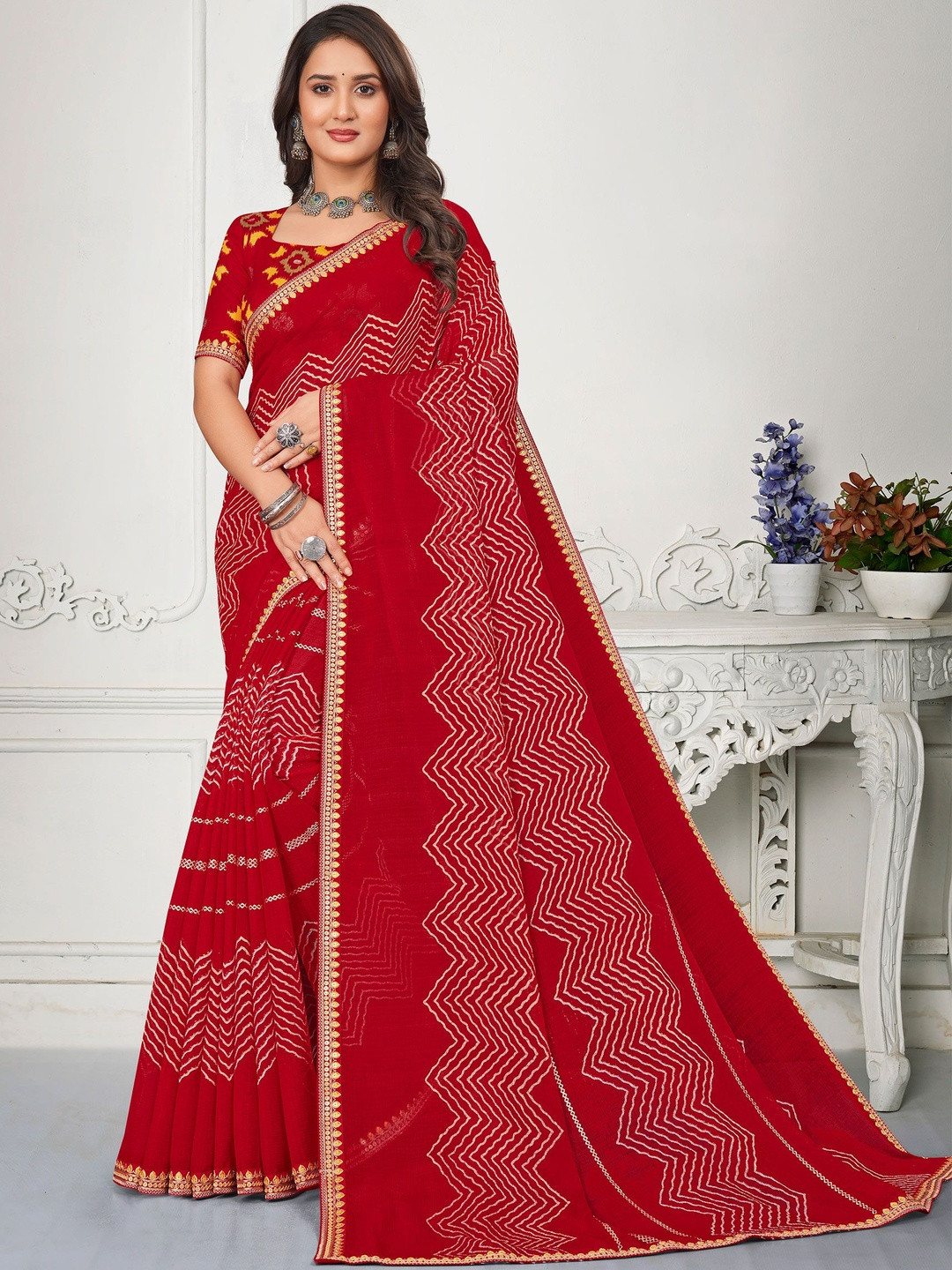 Laxmipati Chevron Printed Sequinned Embroidery Border Saree With Blouse Piece