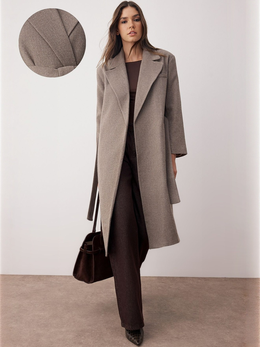 Trendyol Women Open Front Notched Collar Tie-Up Overcoat