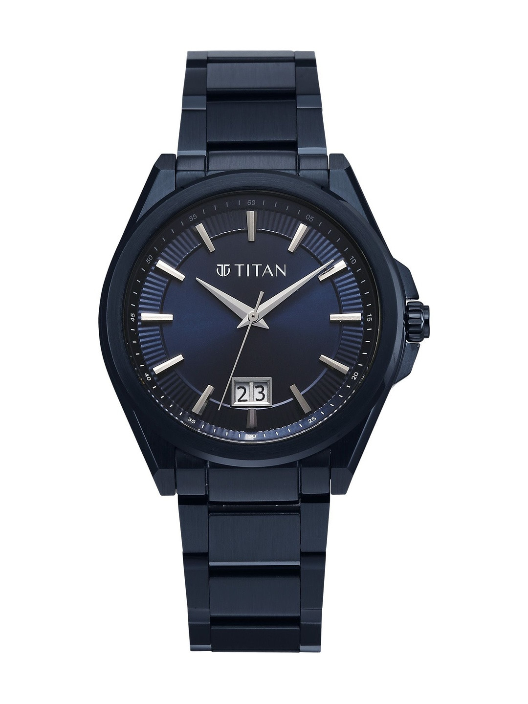 Titan Men's Classique Big Date Quartz Blue Round Dial Watch - 90219QM04