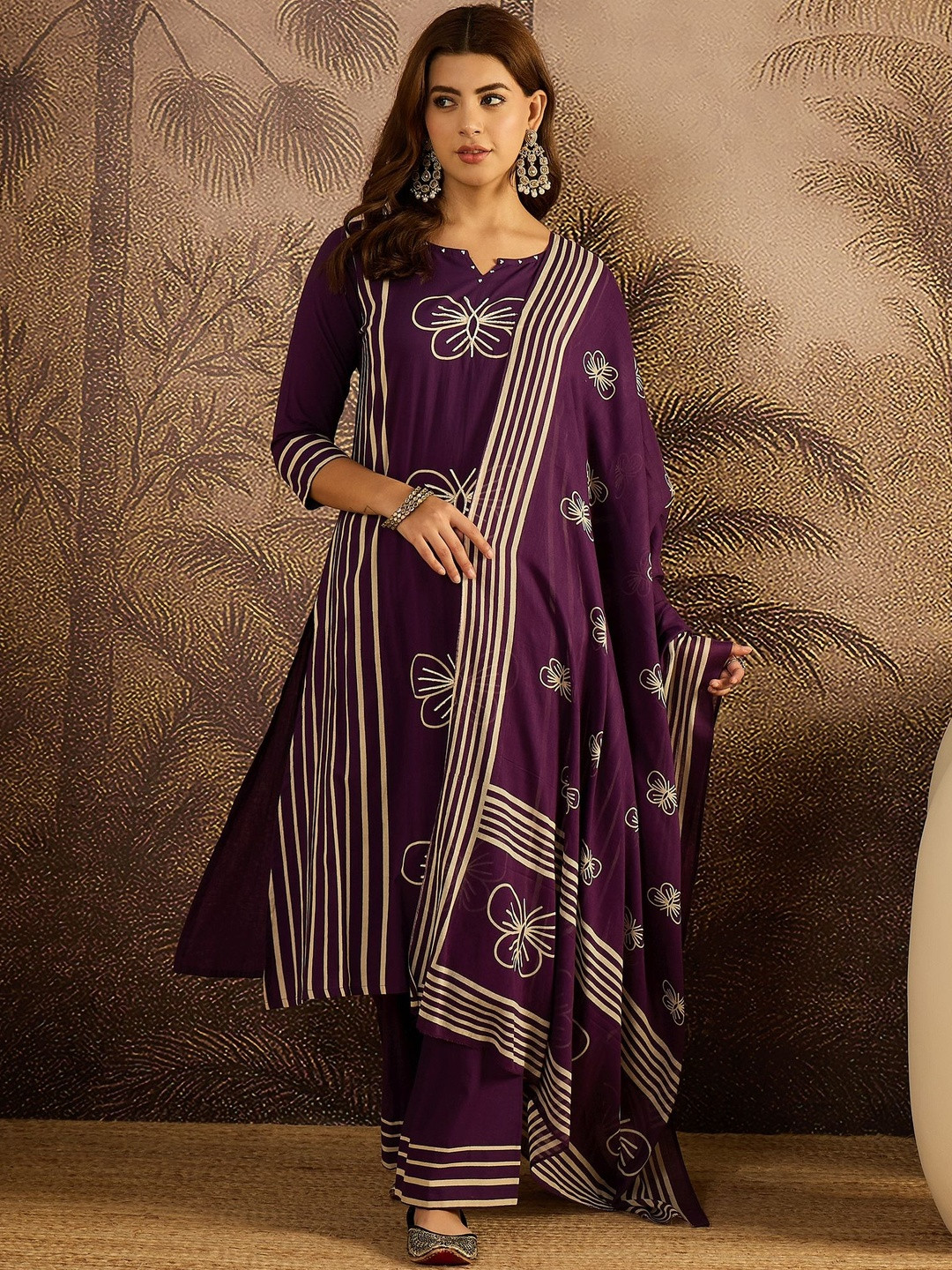 Sangra Striped Printed with Embroidered Cotton Kurta With Trousers & Dupatta Set