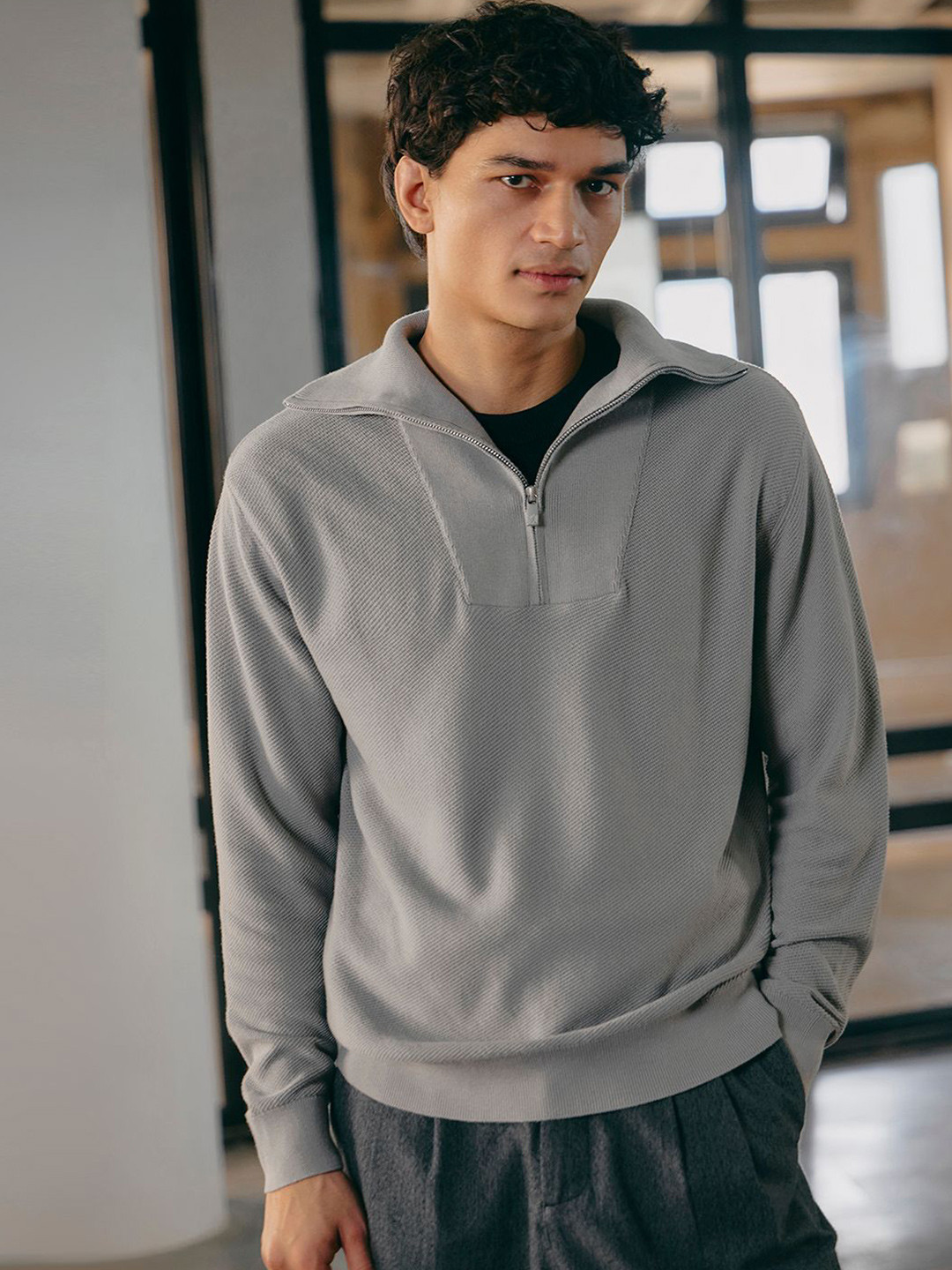 Andamen Men Structured Shirt Collar Long Sleeves Flat Knit Pullover