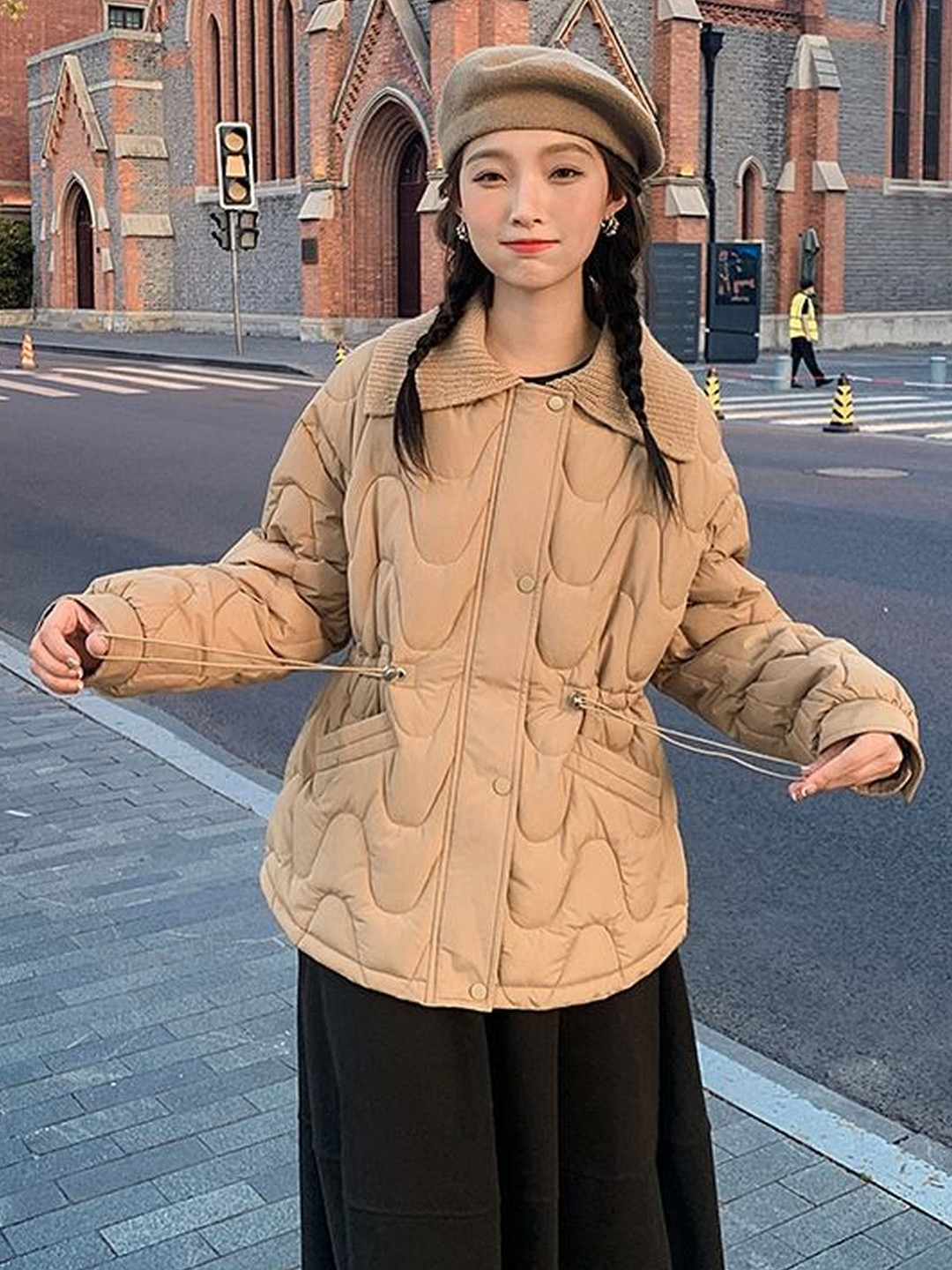 bebe Striped Spread Collar Long Sleeves Lightweight Puffer Jacket