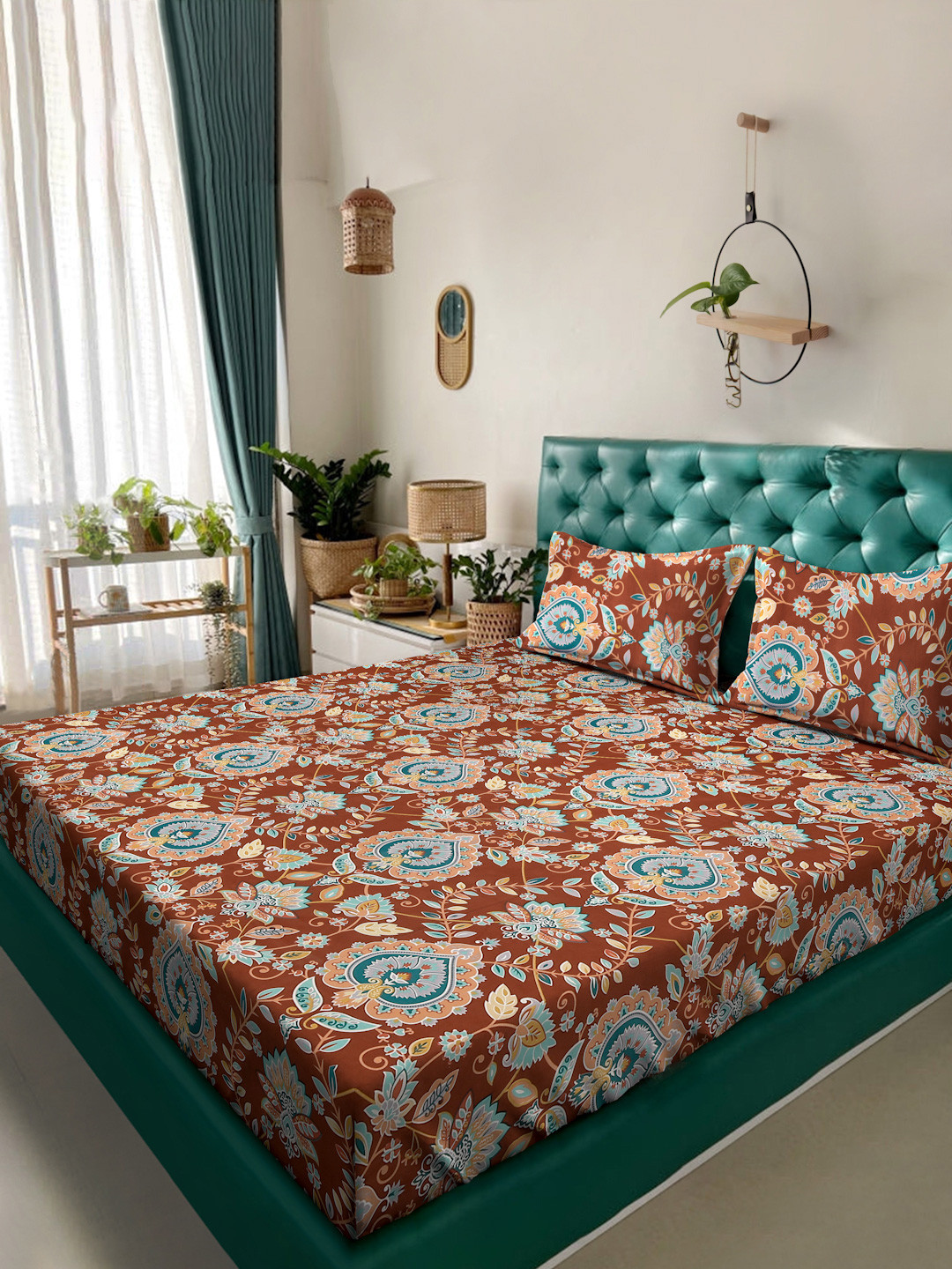 Aura Rust & Blue Ethnic Motifs Printed 300 TC Fitted King Bedsheet Set 2.5 x 2.25 m