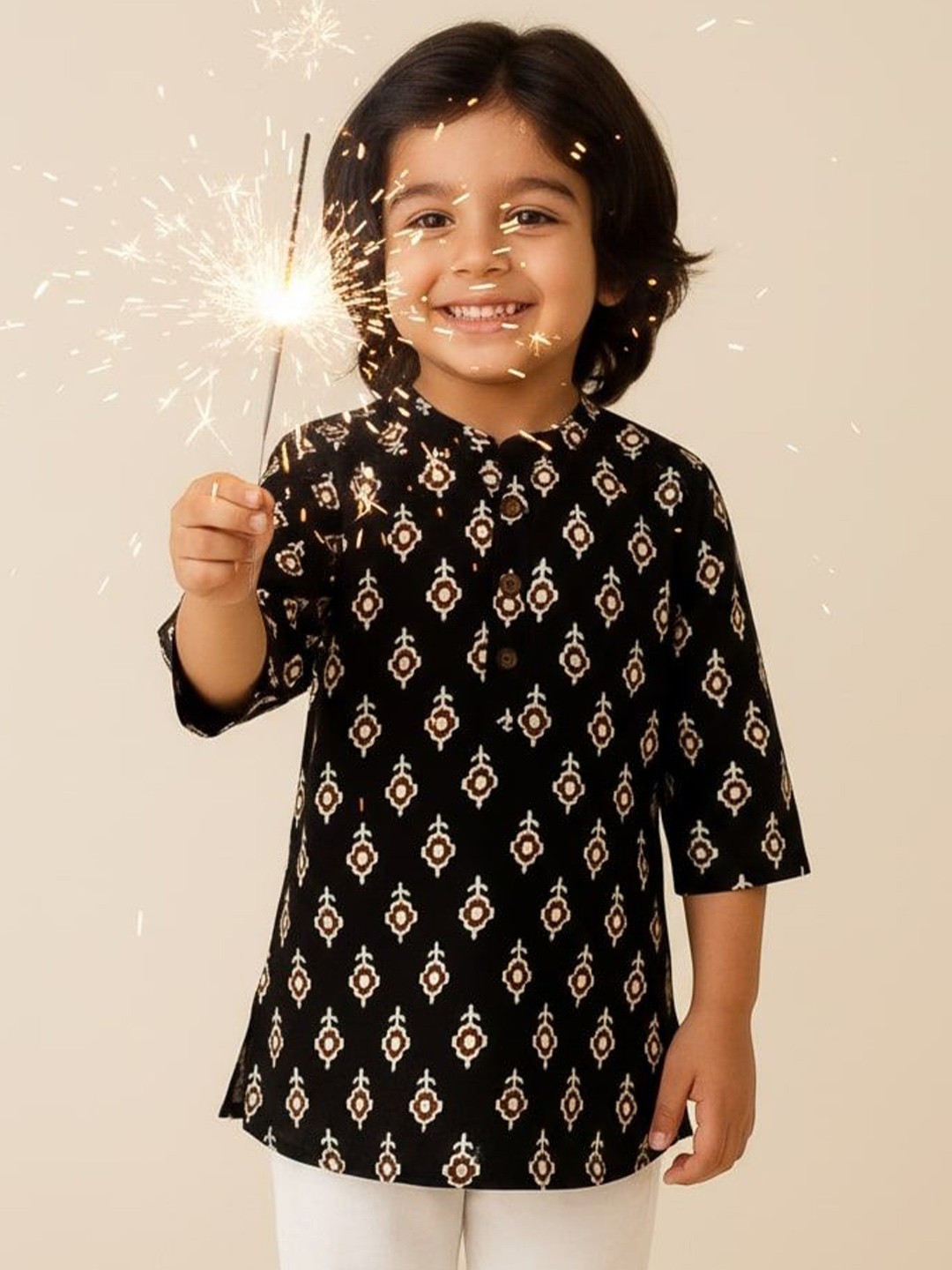 L R TEXTILES Boys Ethnic Motifs Printed Mandarin Collar Cotton Block Print Kurta