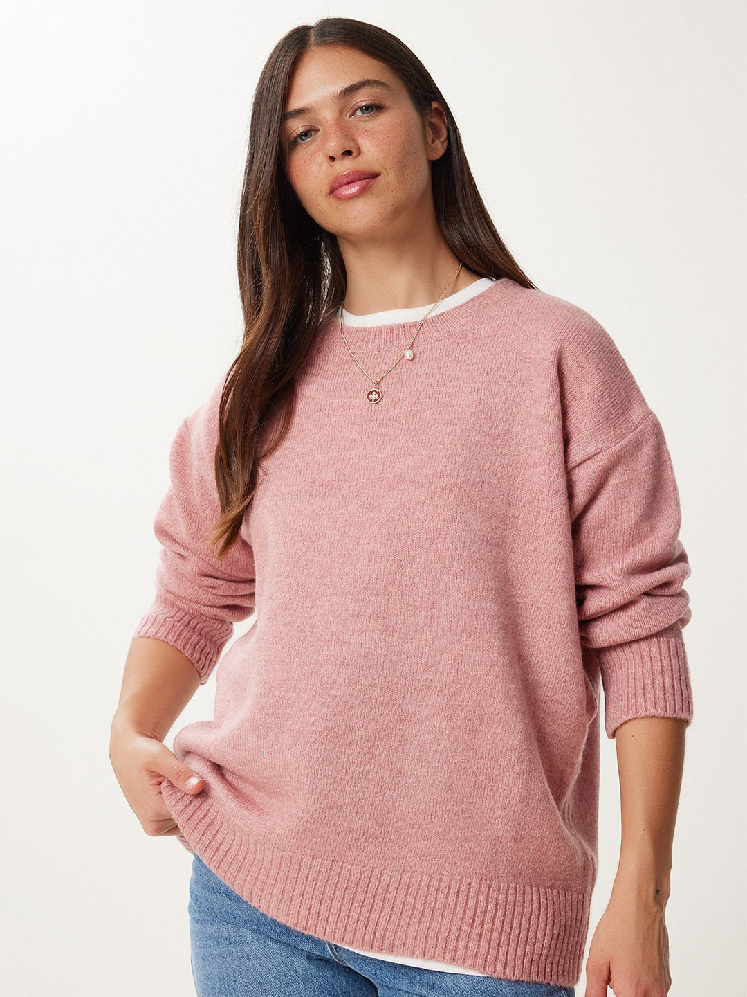 Happiness istanbul Women Orta Pembe Round Neck Long Sleeves Pullover Sweaters