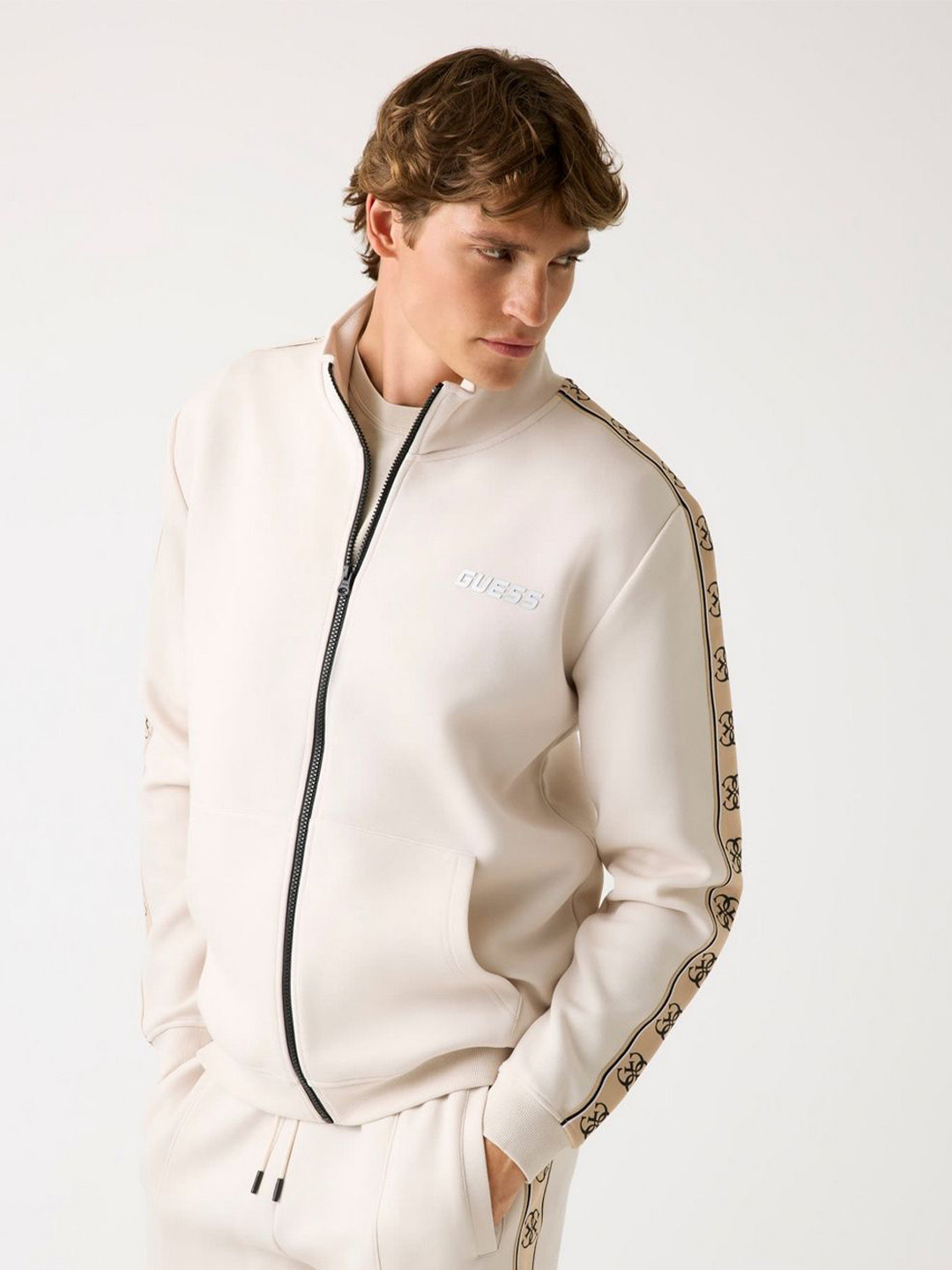 GUESS Men Solid High Neck Full Sleeves Front Open Sweatshirt