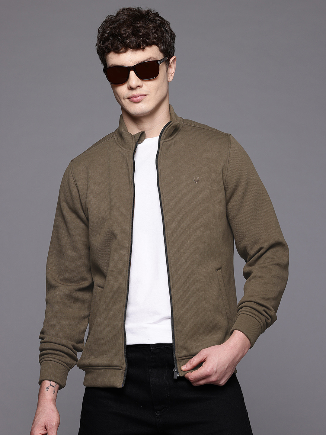 Allen Solly Textured Mock Collar Fleece Bomber Jacket
