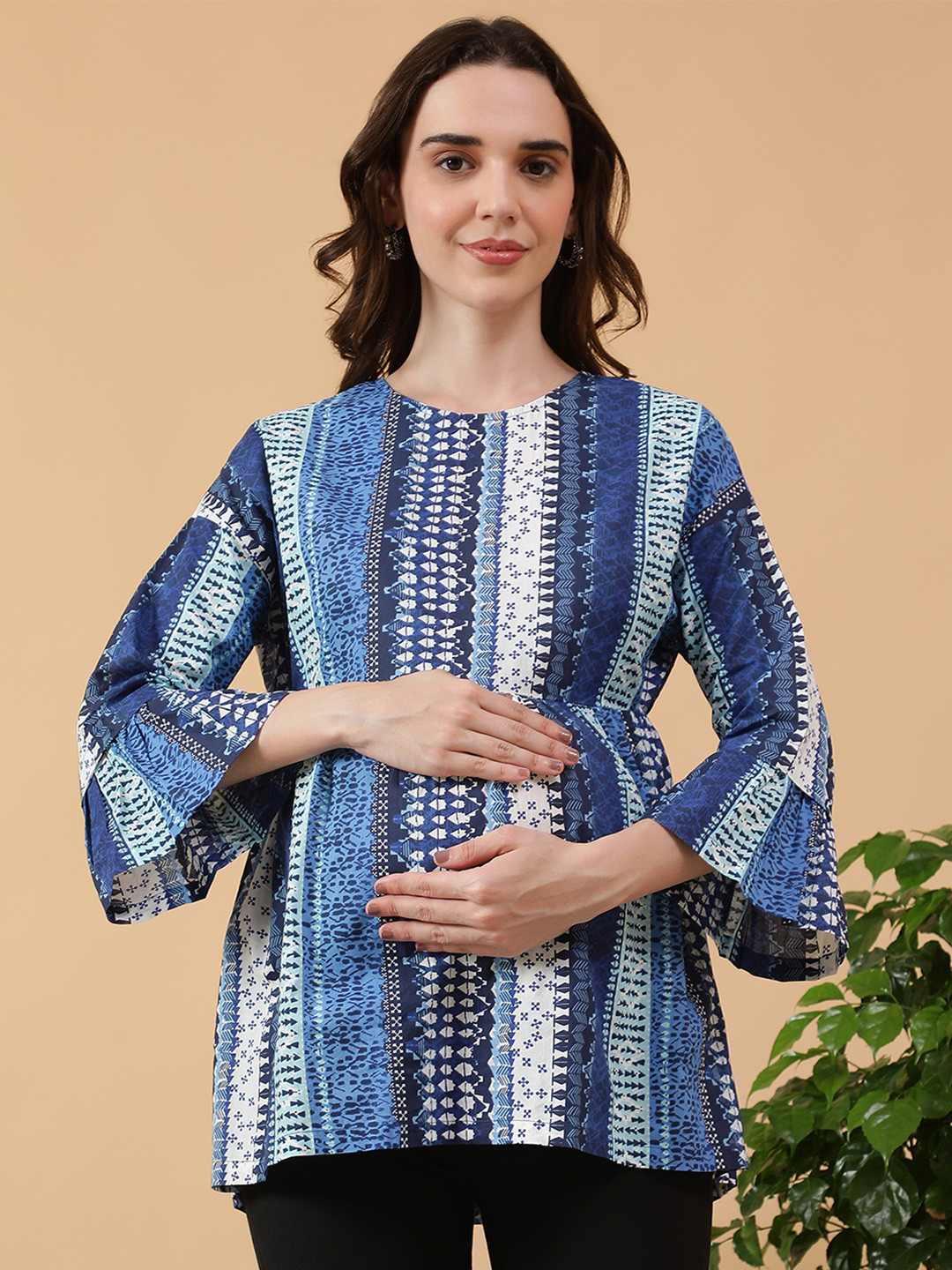Oxolloxo Tribal Print Flared Sleeve Cotton Empire Top