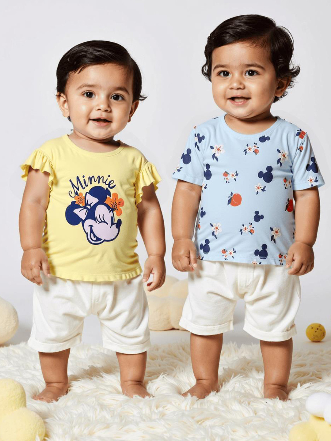 Nauti Nati Girls Pack Of 2 Minnie Mouse Printed Flutter Sleeves Cotton T-shirts