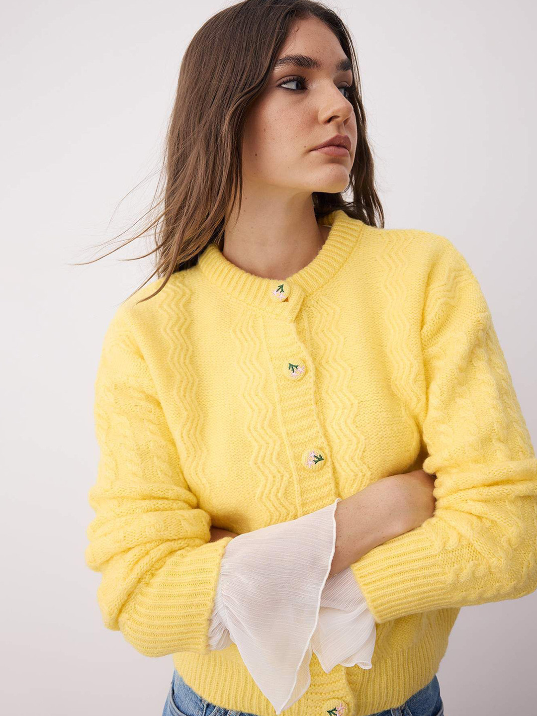Trendyol Women Cable Knit Cardigan with Embroidered Detail