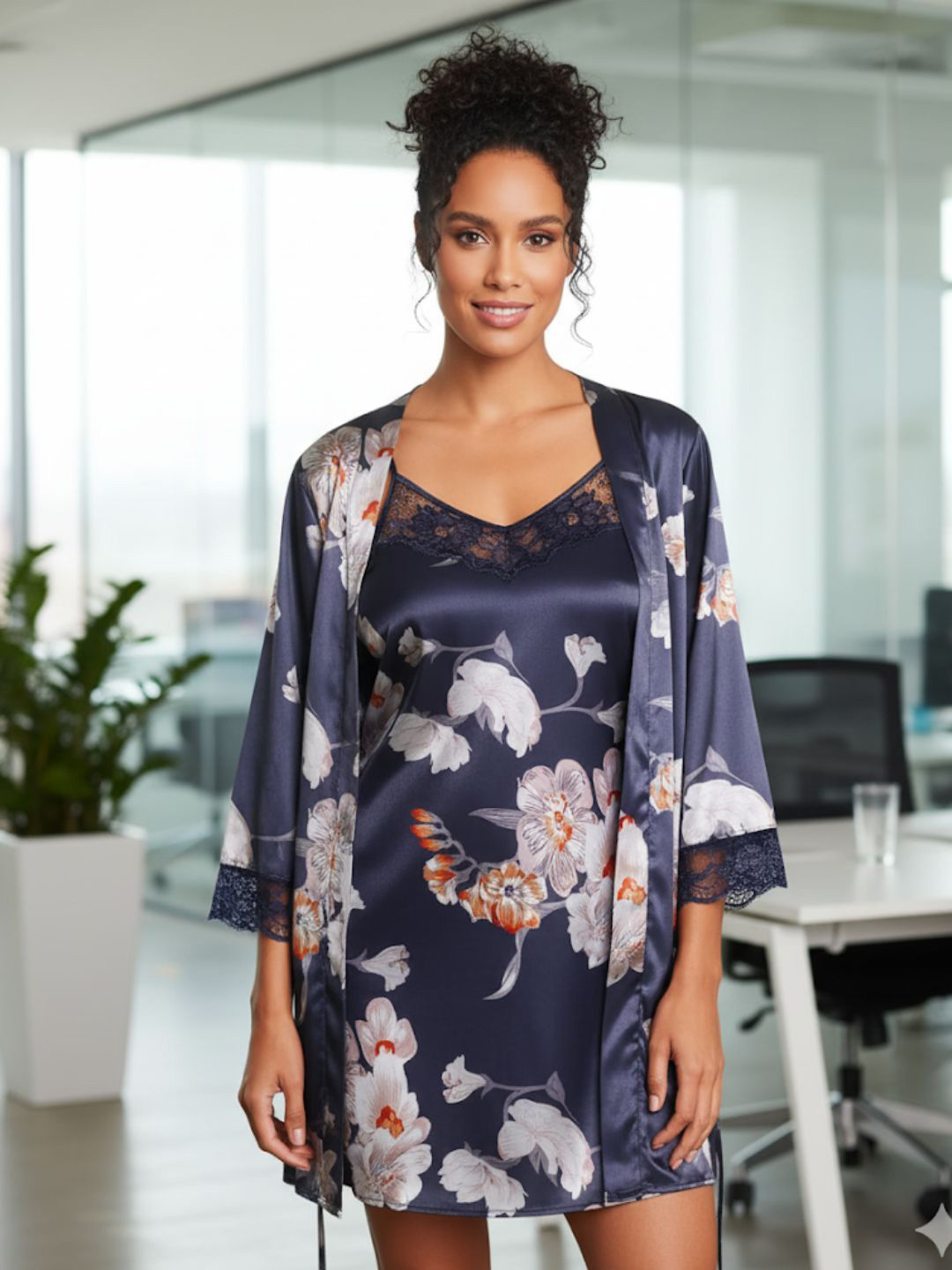For You For Me Women Printed Satin Sweat Nightdress With Robe