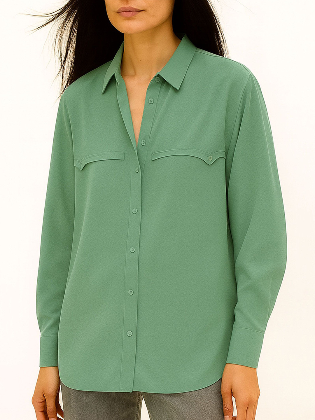 Eyolf Women Modern Long Sleeves Roll-Up Sleeves Relaxed Fit Casual Satin Shirt