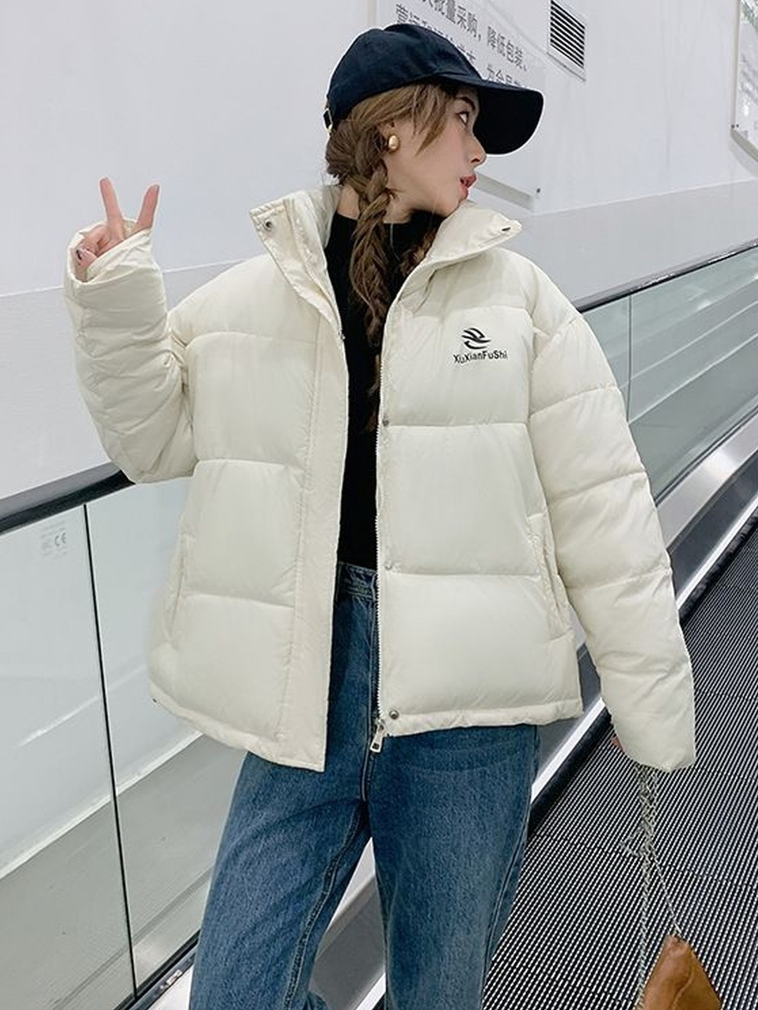 DressBerry Brand Logo Stand Collar Long Sleeves Puffer Jacket