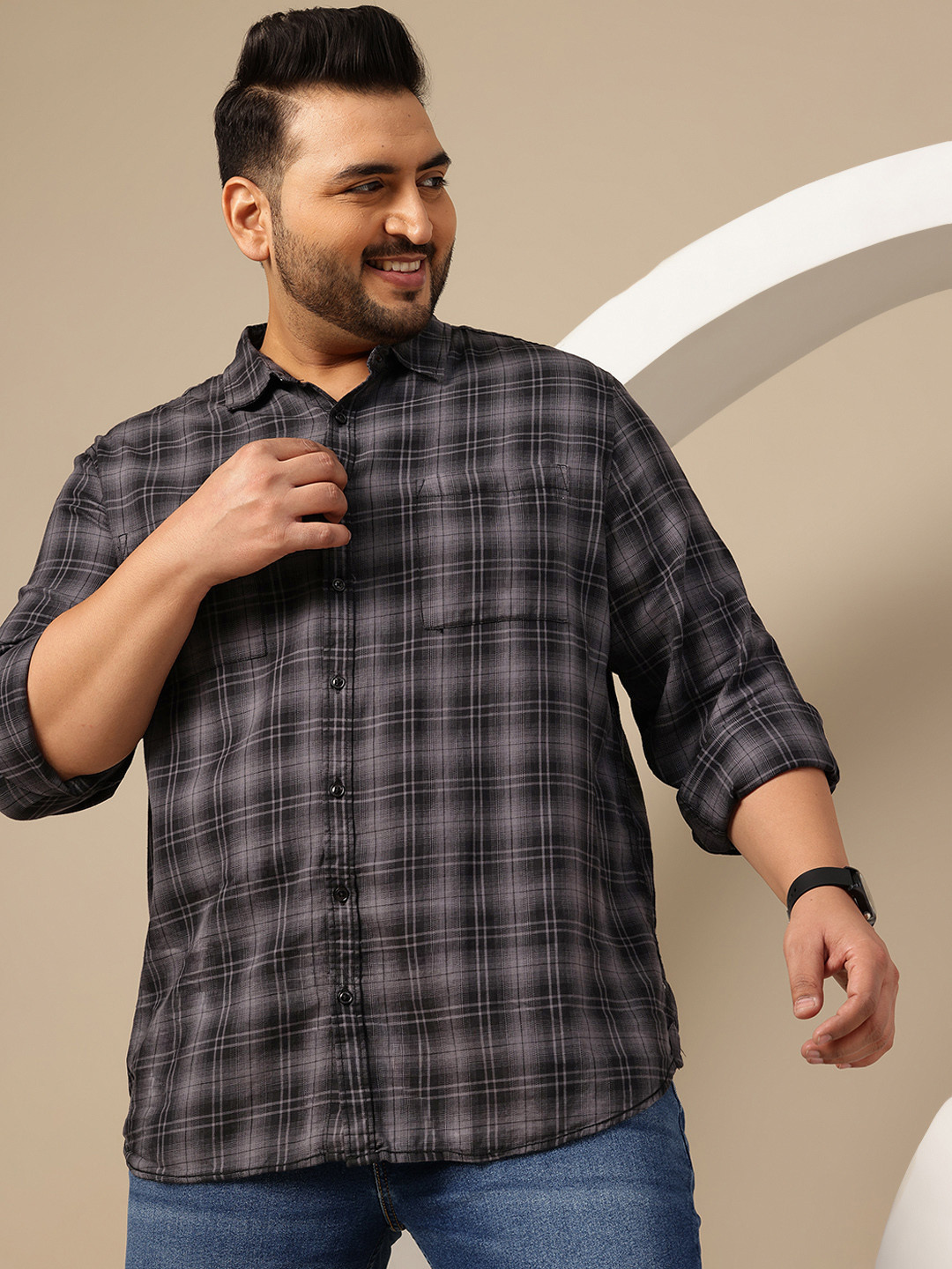 Sztori Plus Size Gingham Checked Spread Collar Pure Cotton Casual Shirt