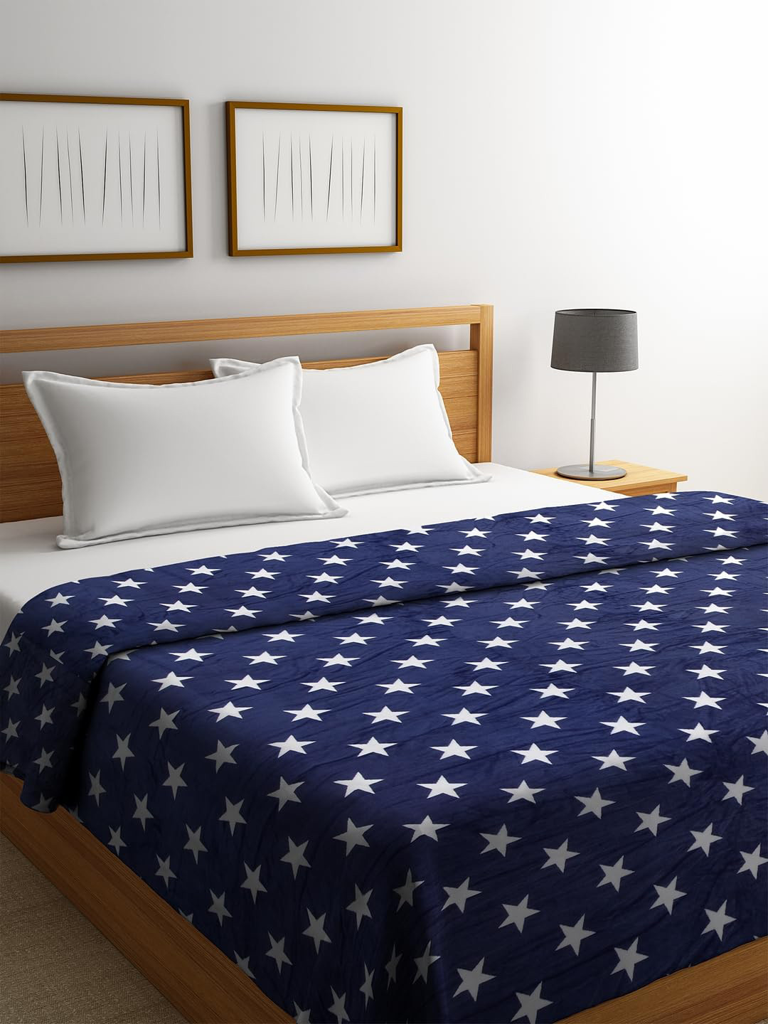 Cortina Navy Blue & White Geometric AC Room 250 GSM Double Bed Blanket