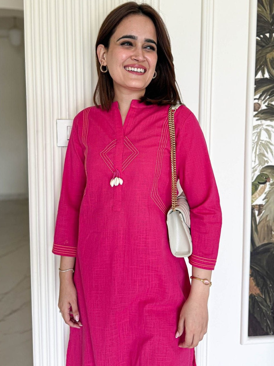 MARIONETTEFASHION Mandarin Collar Pure Cotton Tunic With Trousers Co-Ords