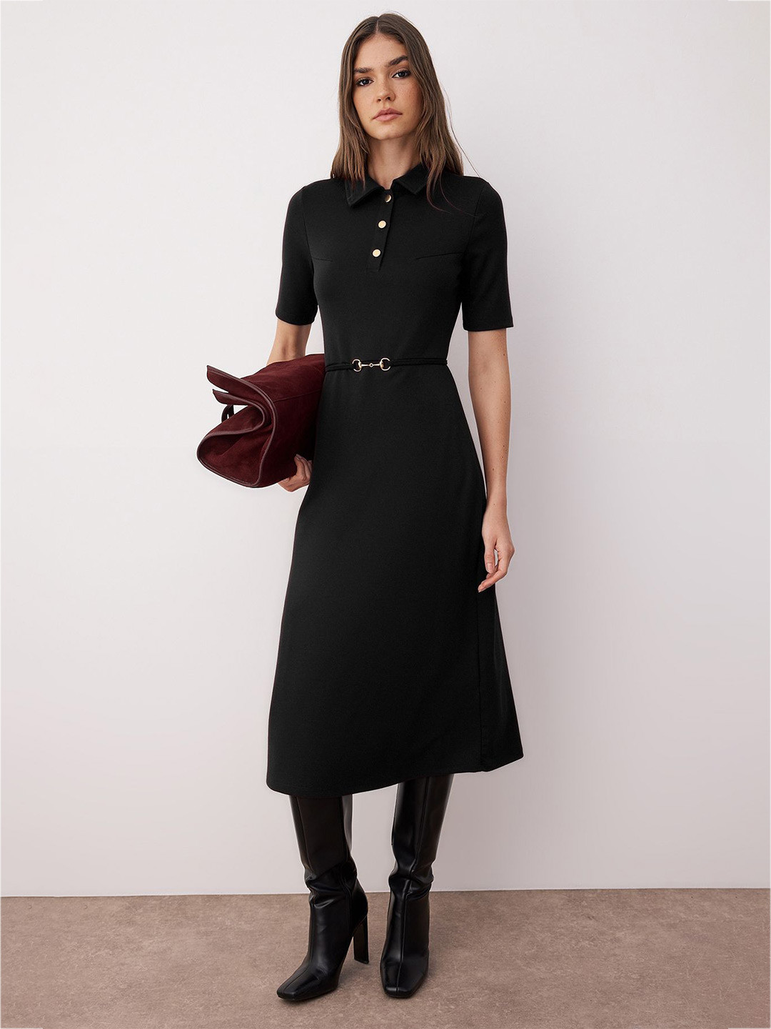 Trendyol Women Belted Shirt Collar Short Sleeve Fit and Flare Midi Dress