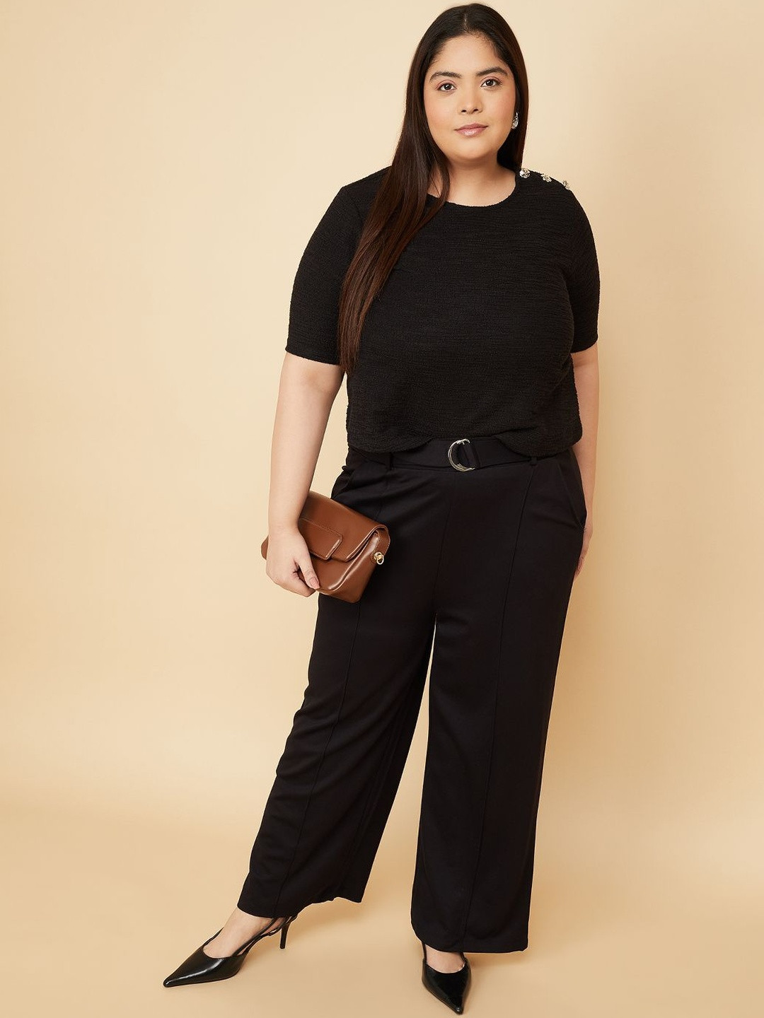 max Women Textured Self Design Round Neck Short Sleeve Plus Size Top
