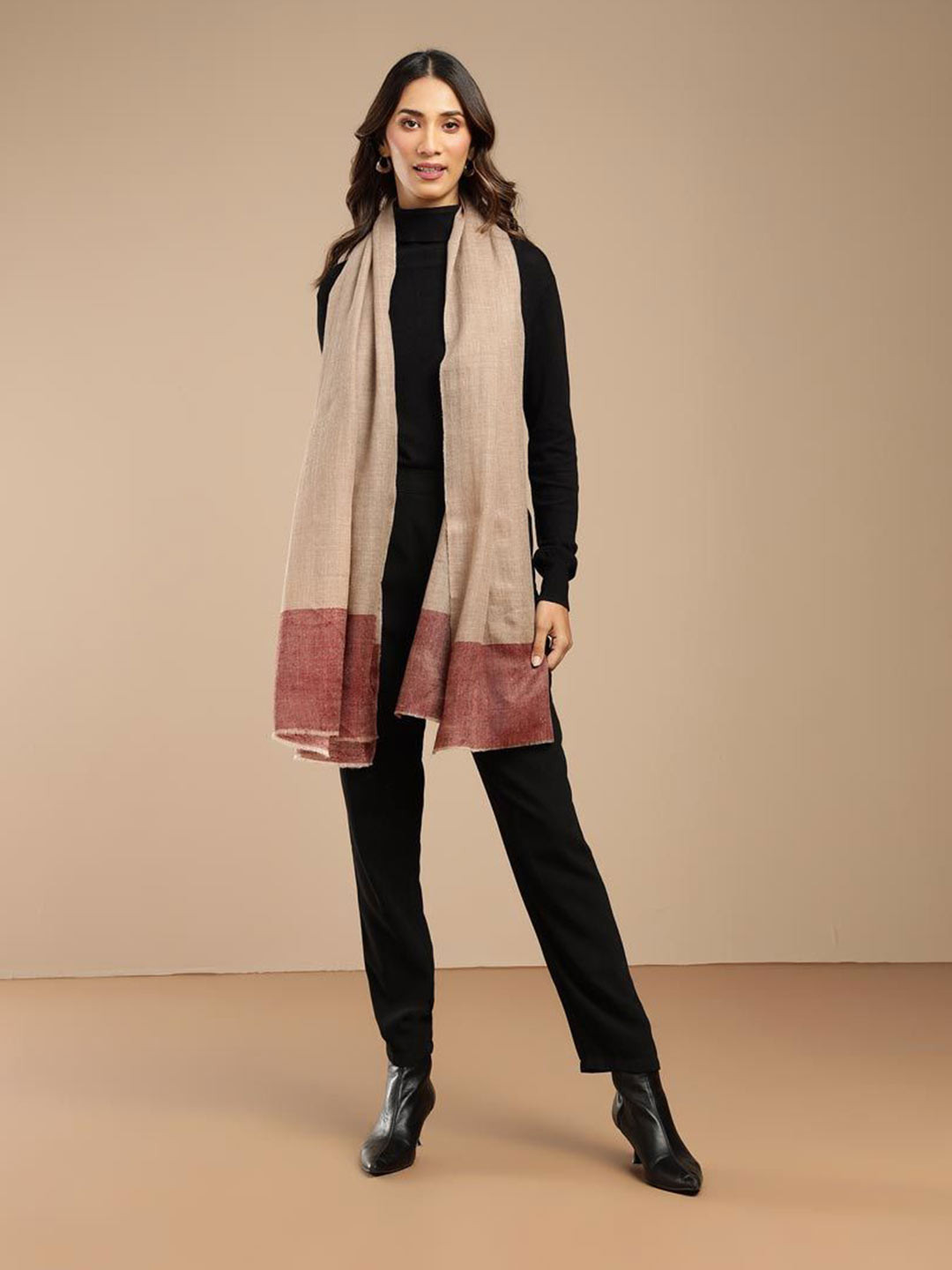 Fabindia Colourblocked Fringed Border Detail Cashmere Woollen Shawl