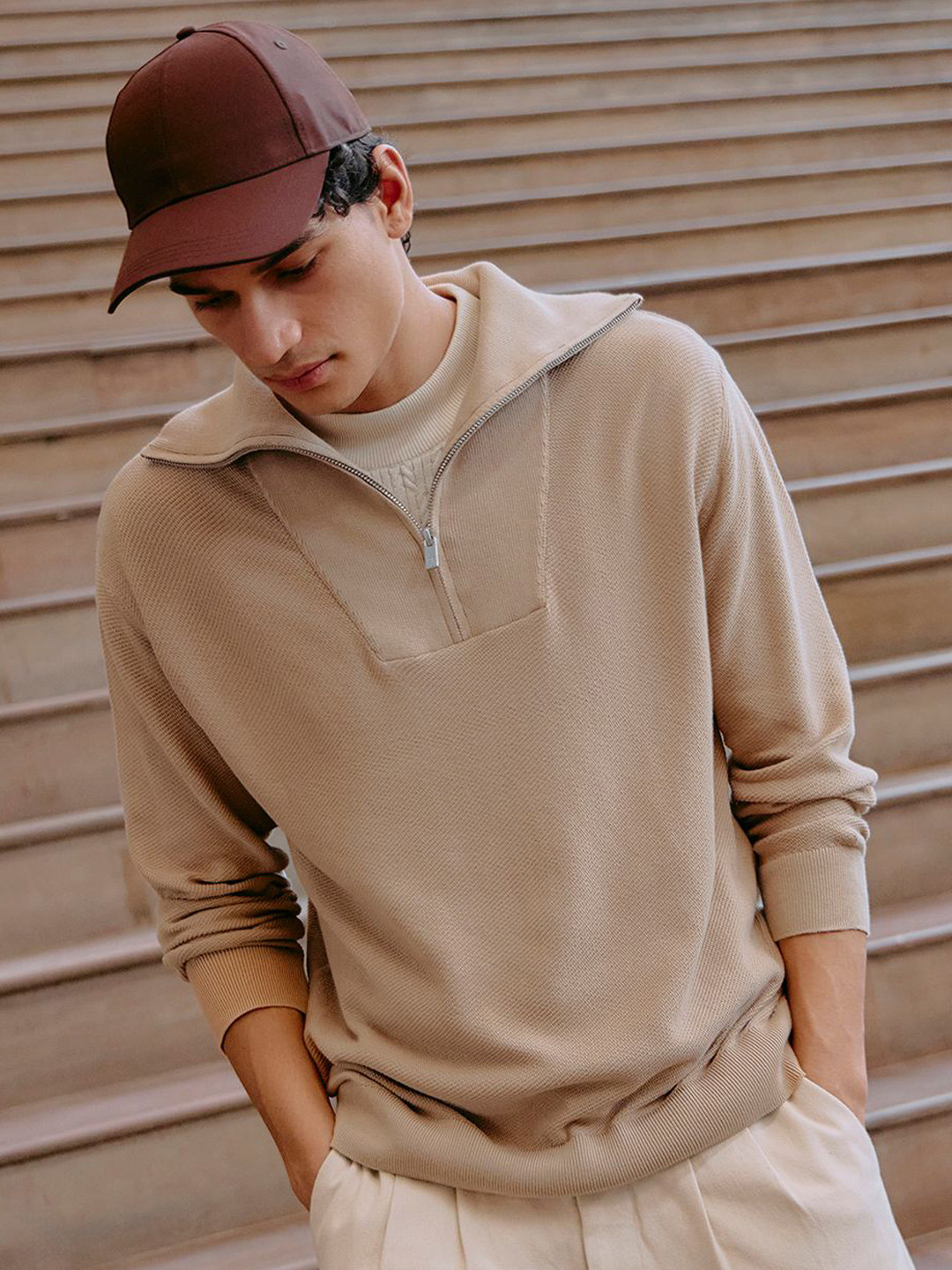 Andamen Men Structured Shirt Collar Long Sleeves Flat Knit Pullover